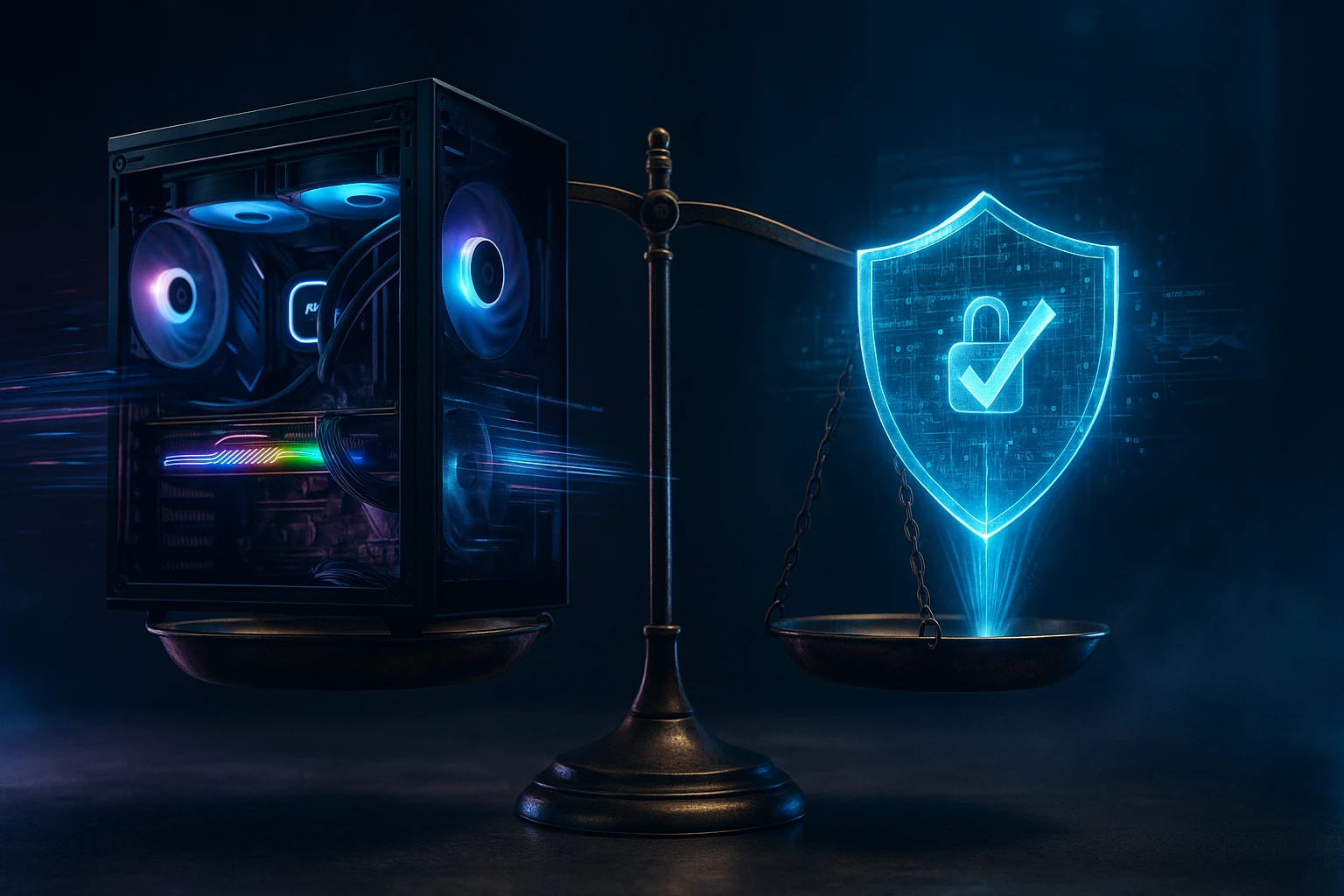 Egy számítógép ház és egy digitális zár védelmet szimbolizáló mérleggel.
