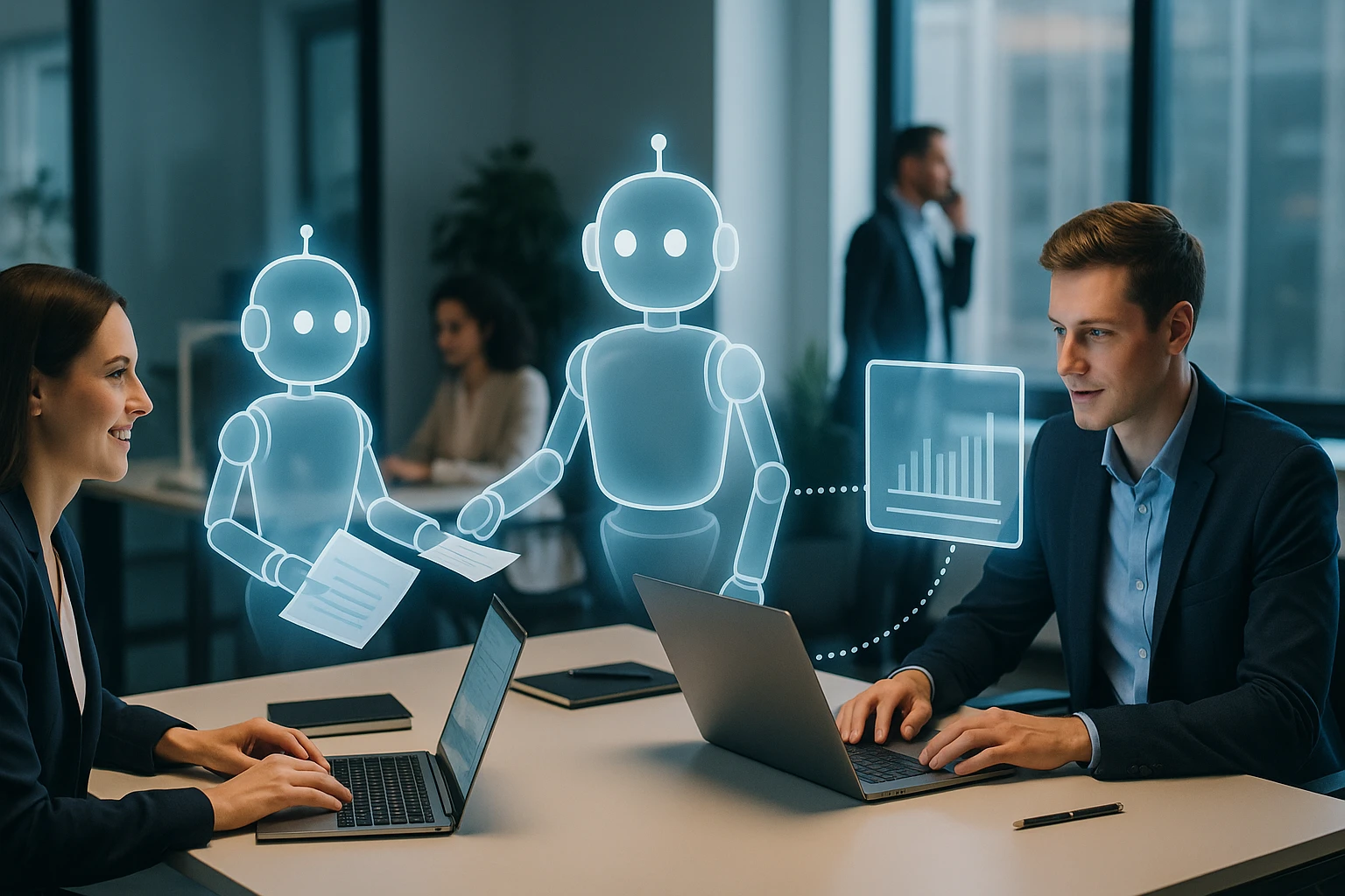 Két munkatárs, akik előtt holografikus robotok és adatelemző grafikonok láthatók.