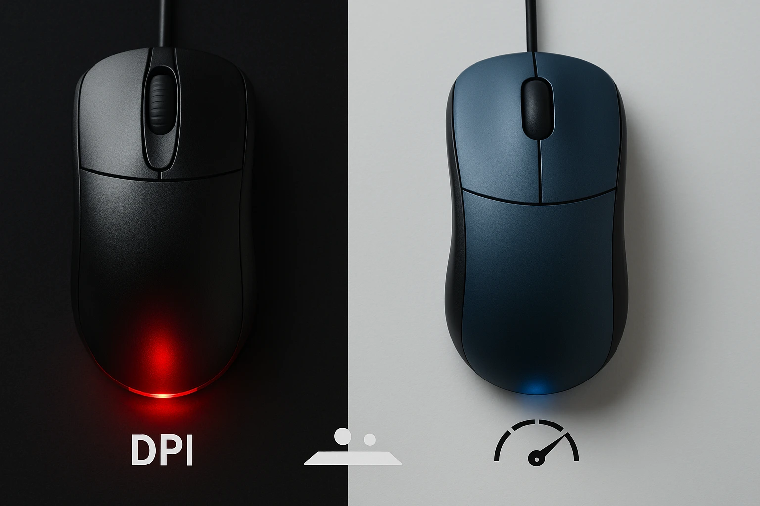Két különböző számítógépes egér, az egyik fekete, a másik kék háttér előtt.