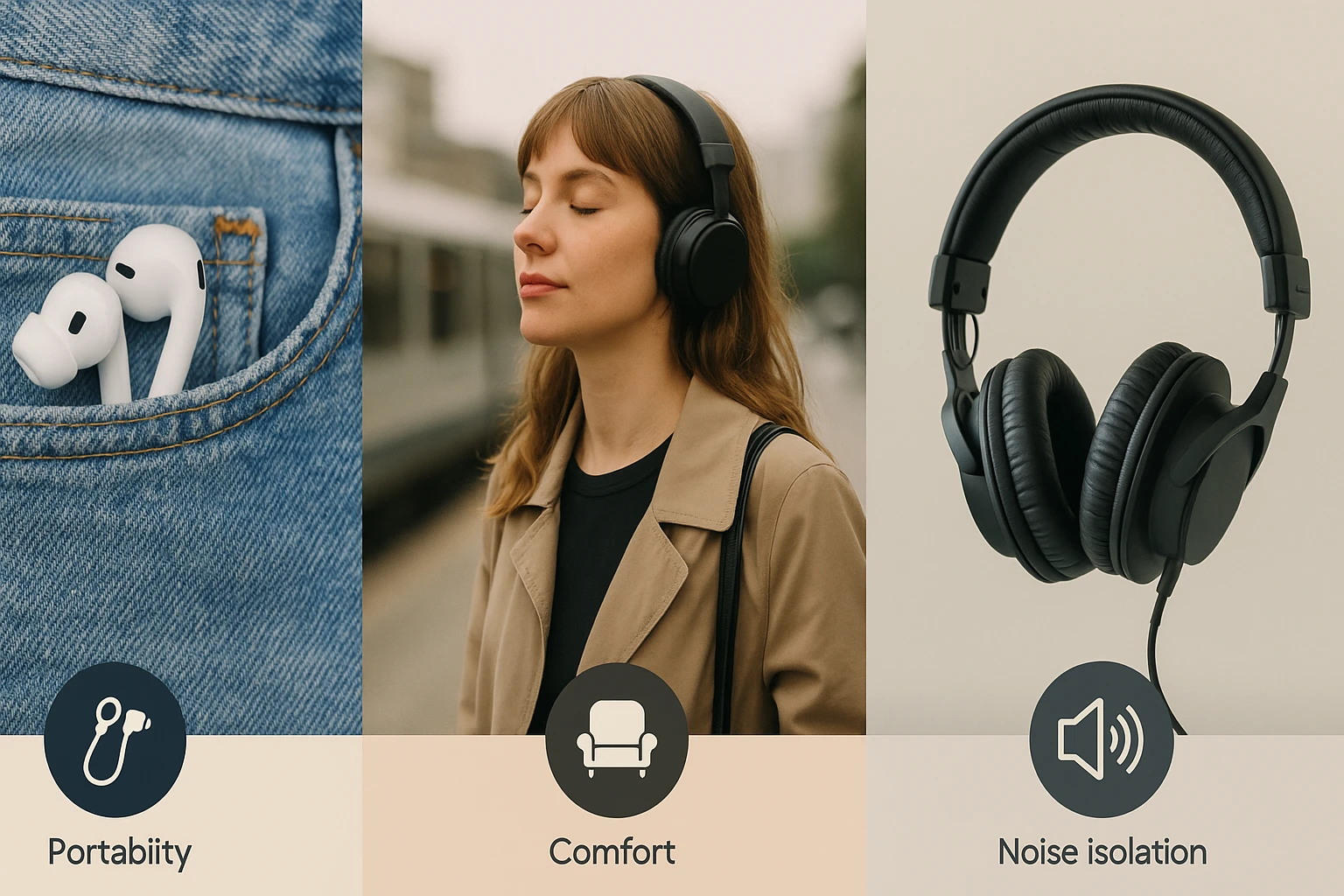 Fehér vezeték nélküli fülhallgató egy farmerzsebben, mellette egy nő fejhallgatót visel.