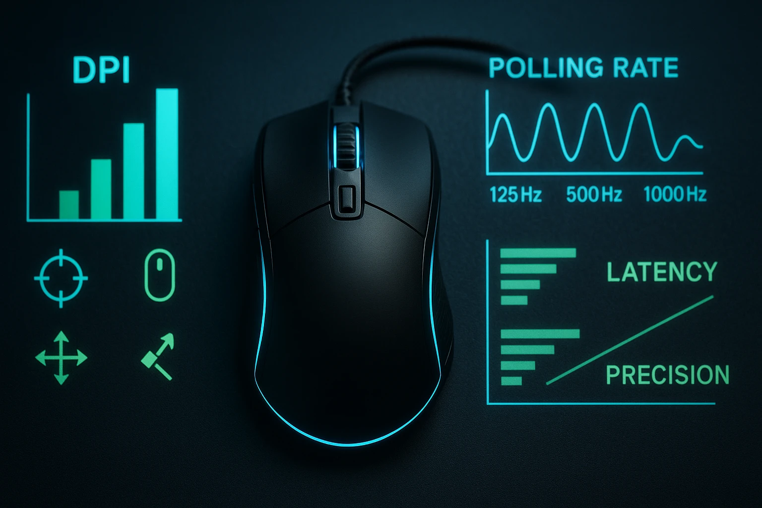 Egy modern számítógépes egér, mellette DPI és polling rate grafikonokkal.
