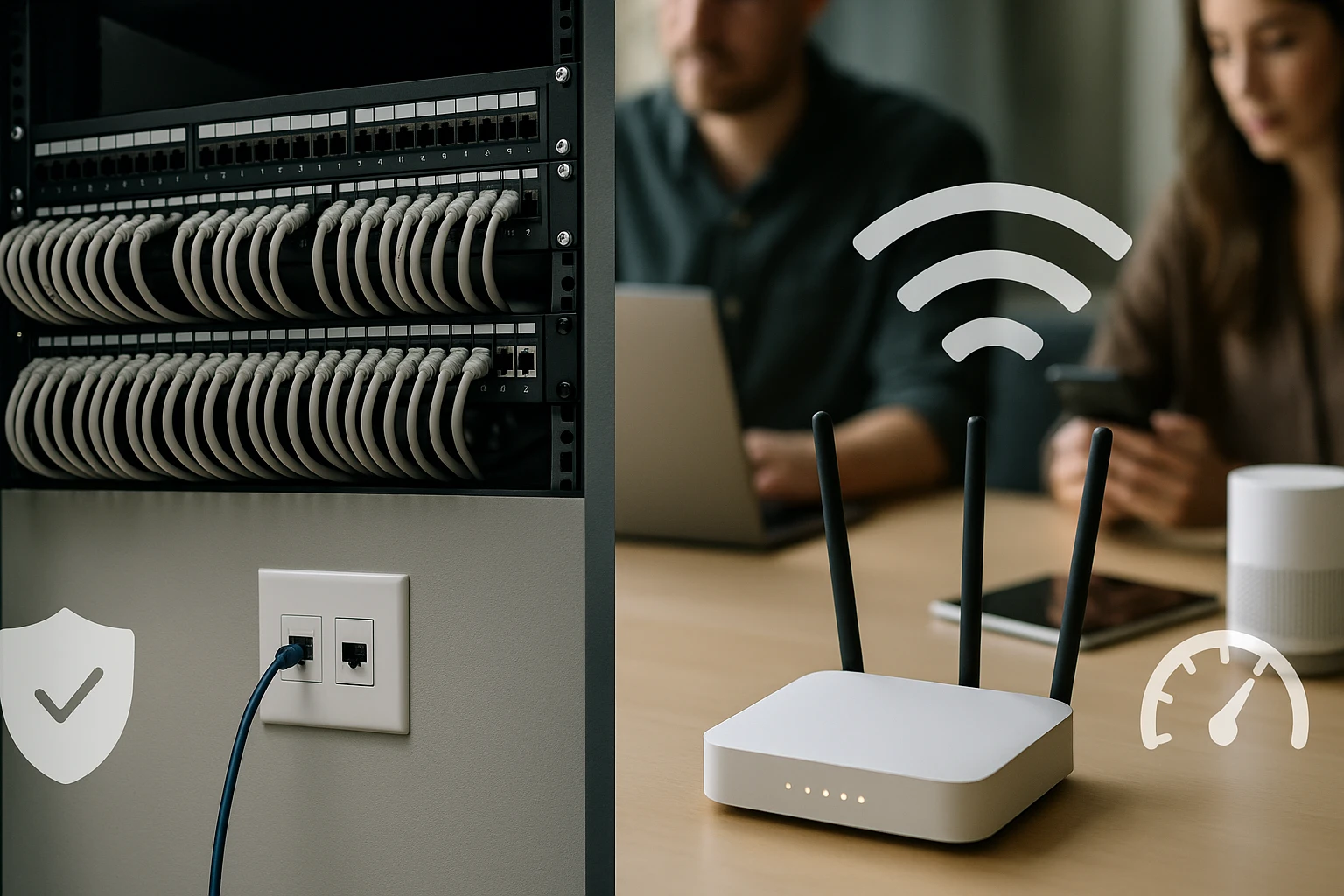 Egy modern router, háttérben hálózati kábelek és felhasználók laptopon és telefonon.