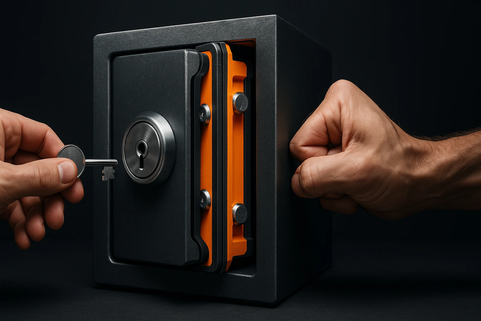 Egy kéz kulcsot helyez egy széf zárjába, mellette egy másik kéz ököllel üt.