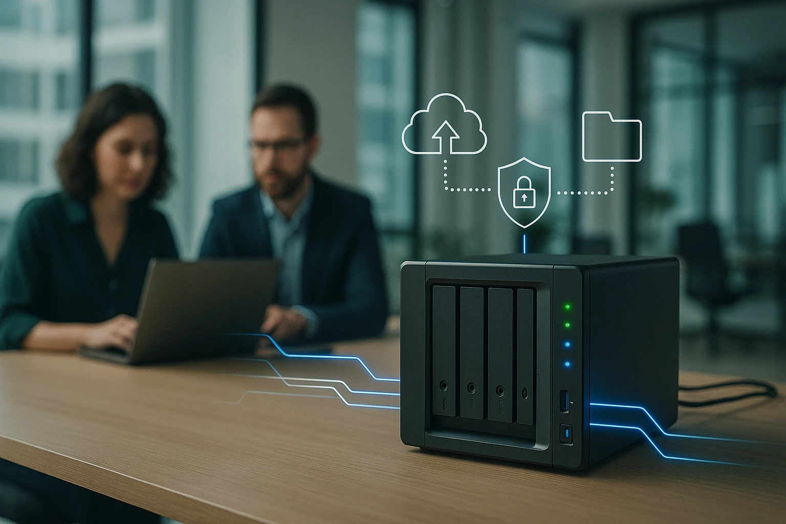 Egy NAS tároló eszköz, amely adatokat kezel, háttérben dolgozó emberekkel.
