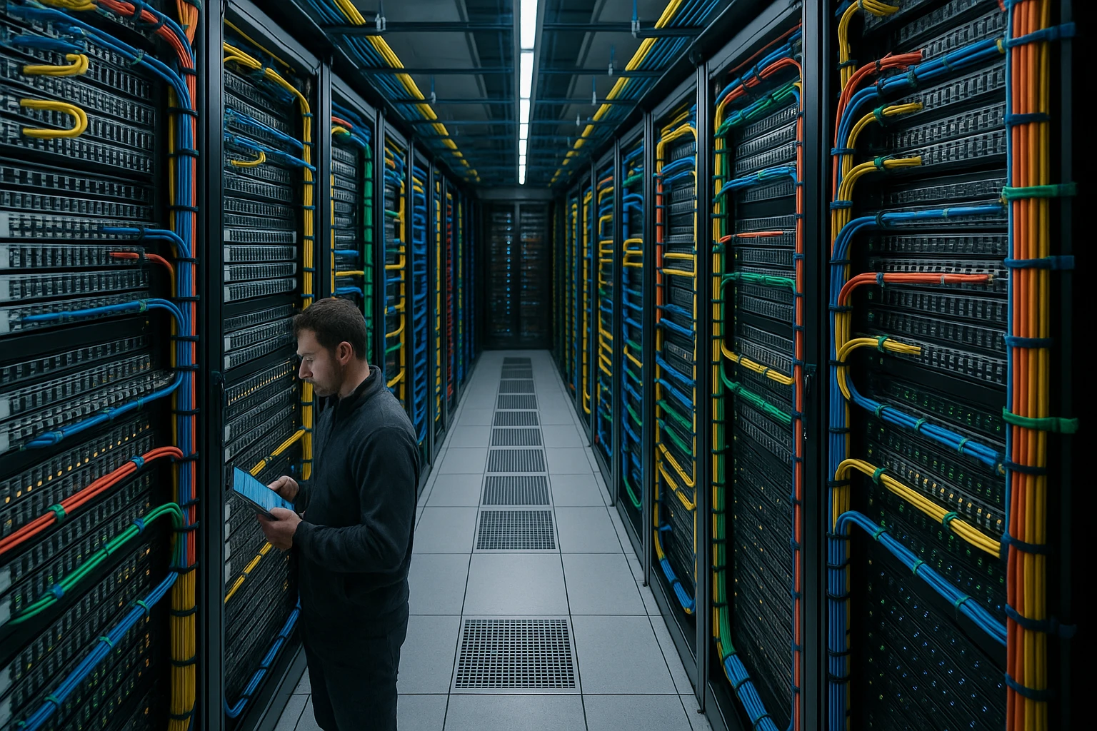 Egy férfi egy adatközpontban, hálózati kábelekkel teli rackek között áll.