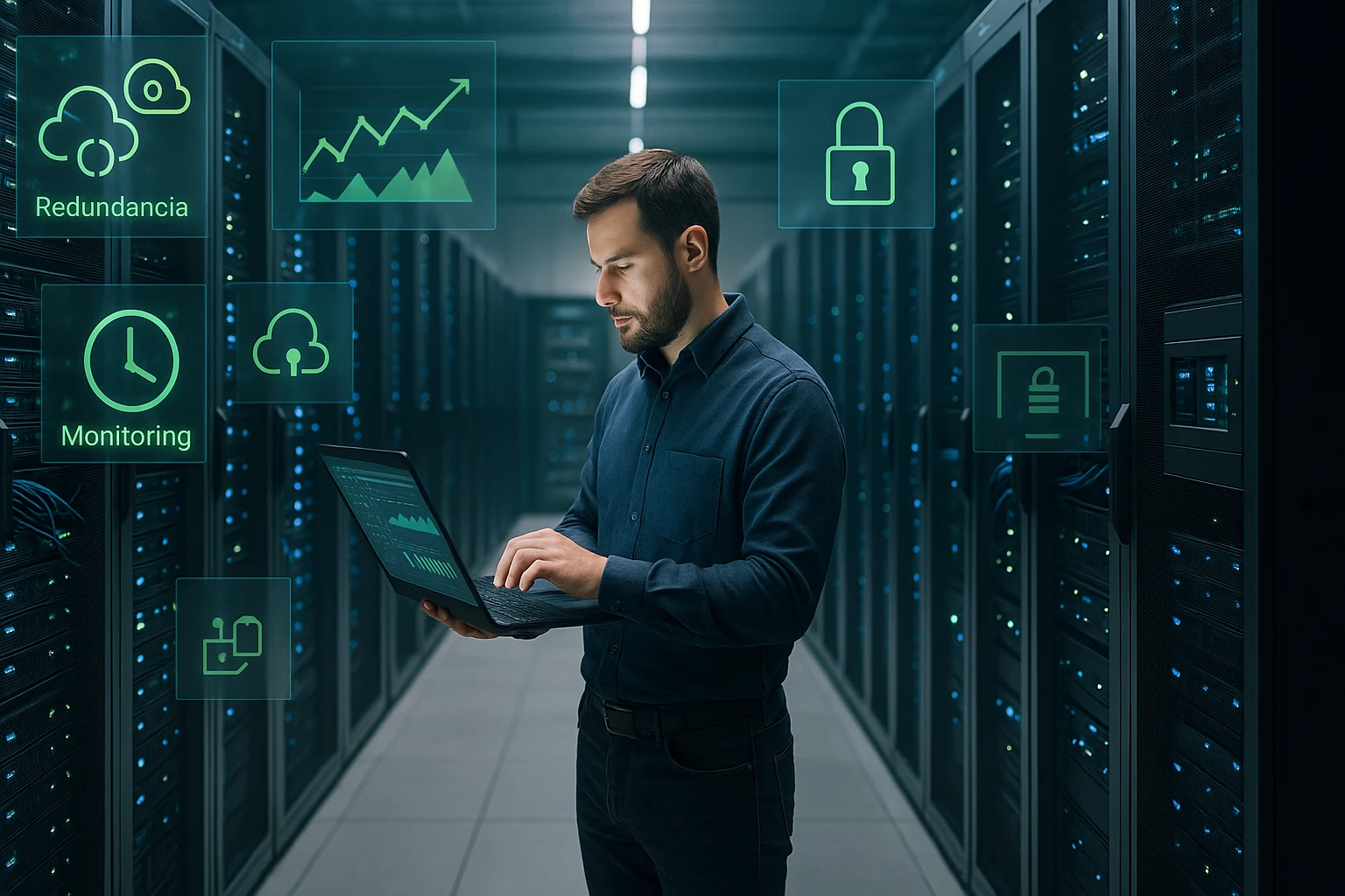 Egy férfi laptopon dolgozik egy adatközpontban, zöld ikonokkal a háttérben.