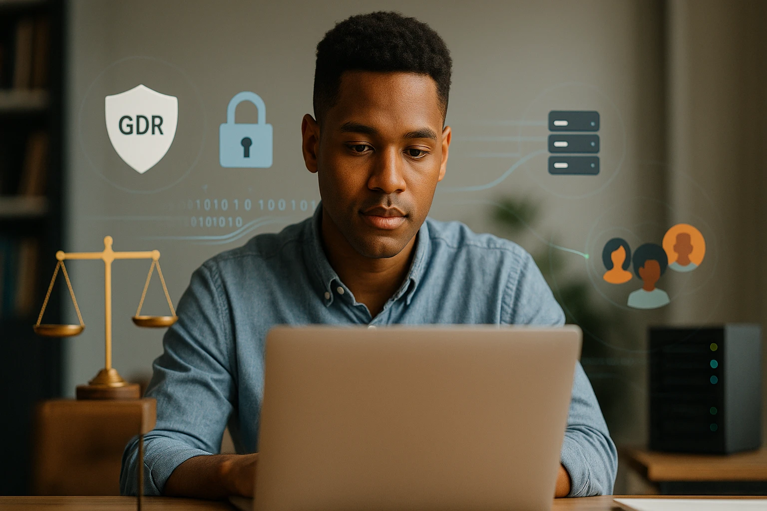 Egy férfi laptop előtt ül, adatvédelmi szimbólumokkal a háttérben.