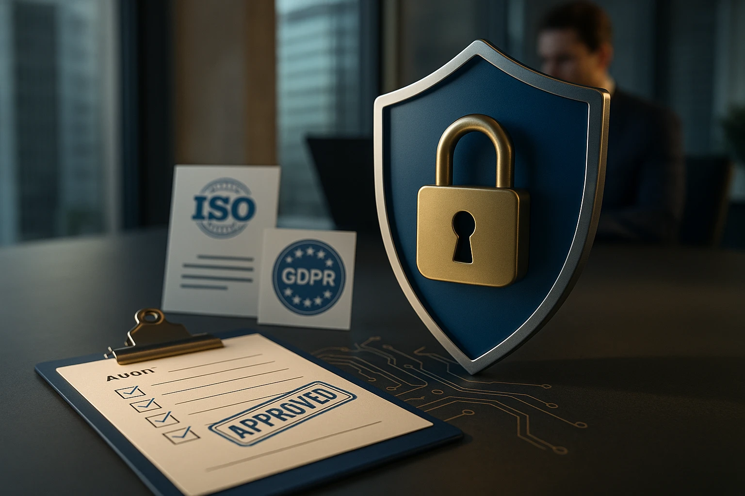 Egy zárat ábrázoló pajzs, ISO és GDPR tanúsítványokkal, valamint egy jóváhagyott ellenőrzőlistával.