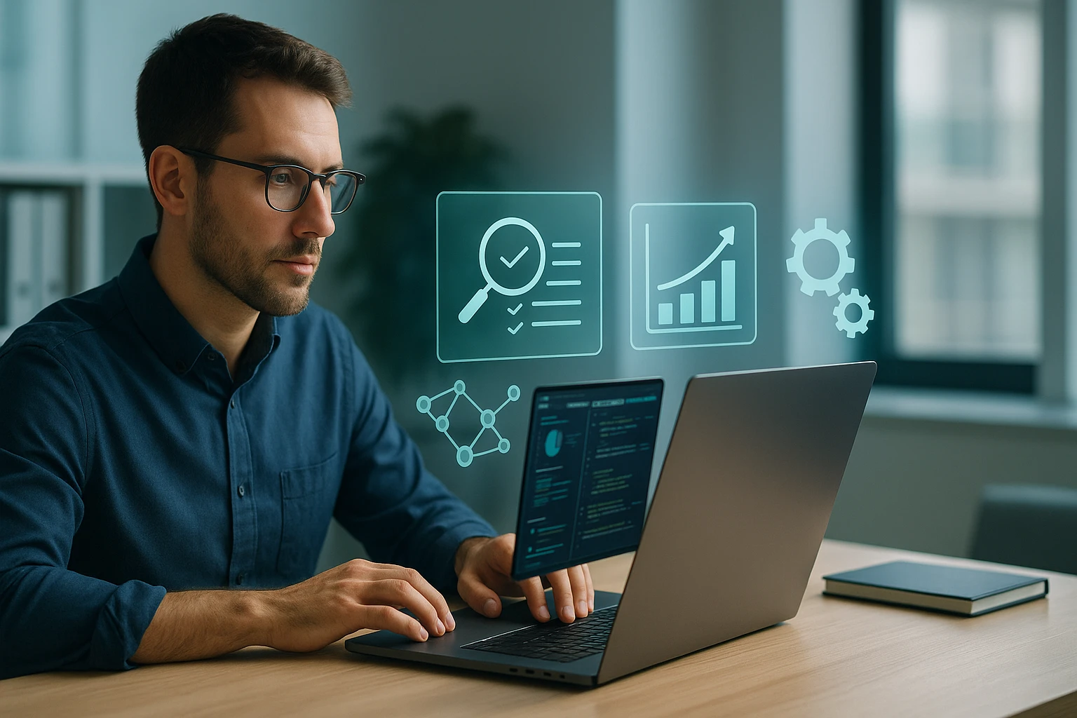 Egy fiatal férfi laptop előtt ül, adatokat elemez és grafikonokat néz.