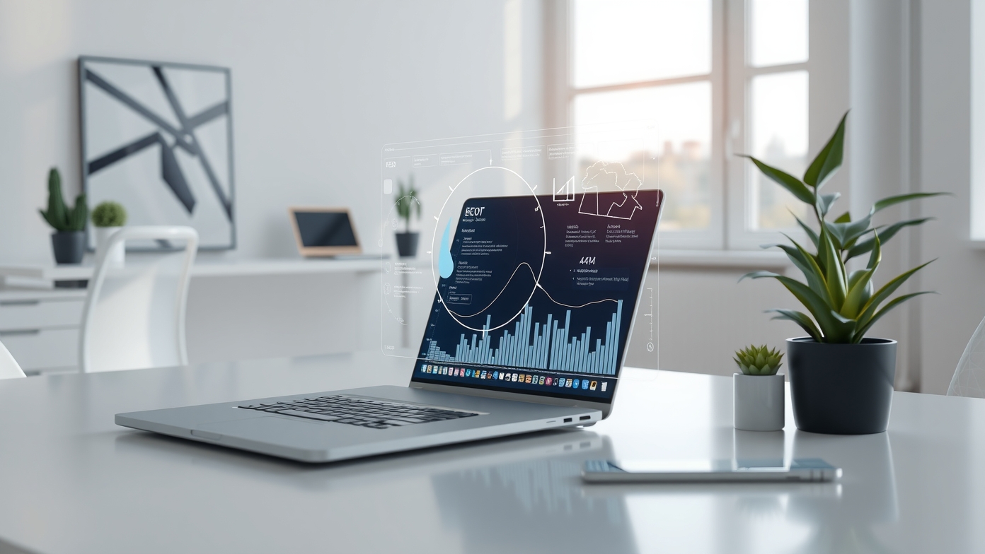 Egy laptop, amelyen adatvizualizáció és grafikonok láthatók, modern irodai környezetben.