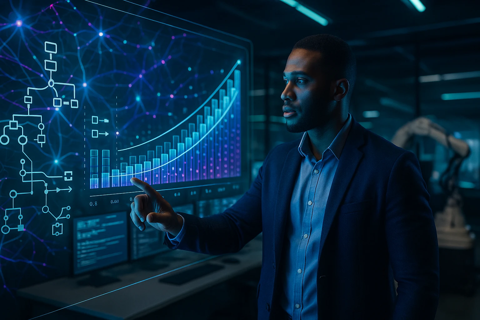 Egy férfi interaktív kijelzőn elemzi az adatokat és grafikonokat.