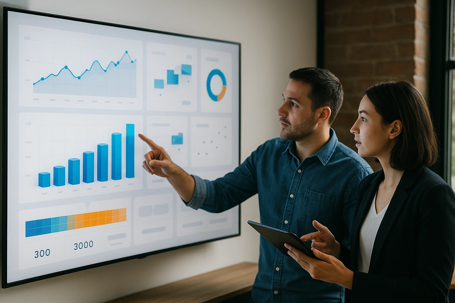 Két szakember adatokat elemző grafikonokat néz egy nagy kijelzőn.