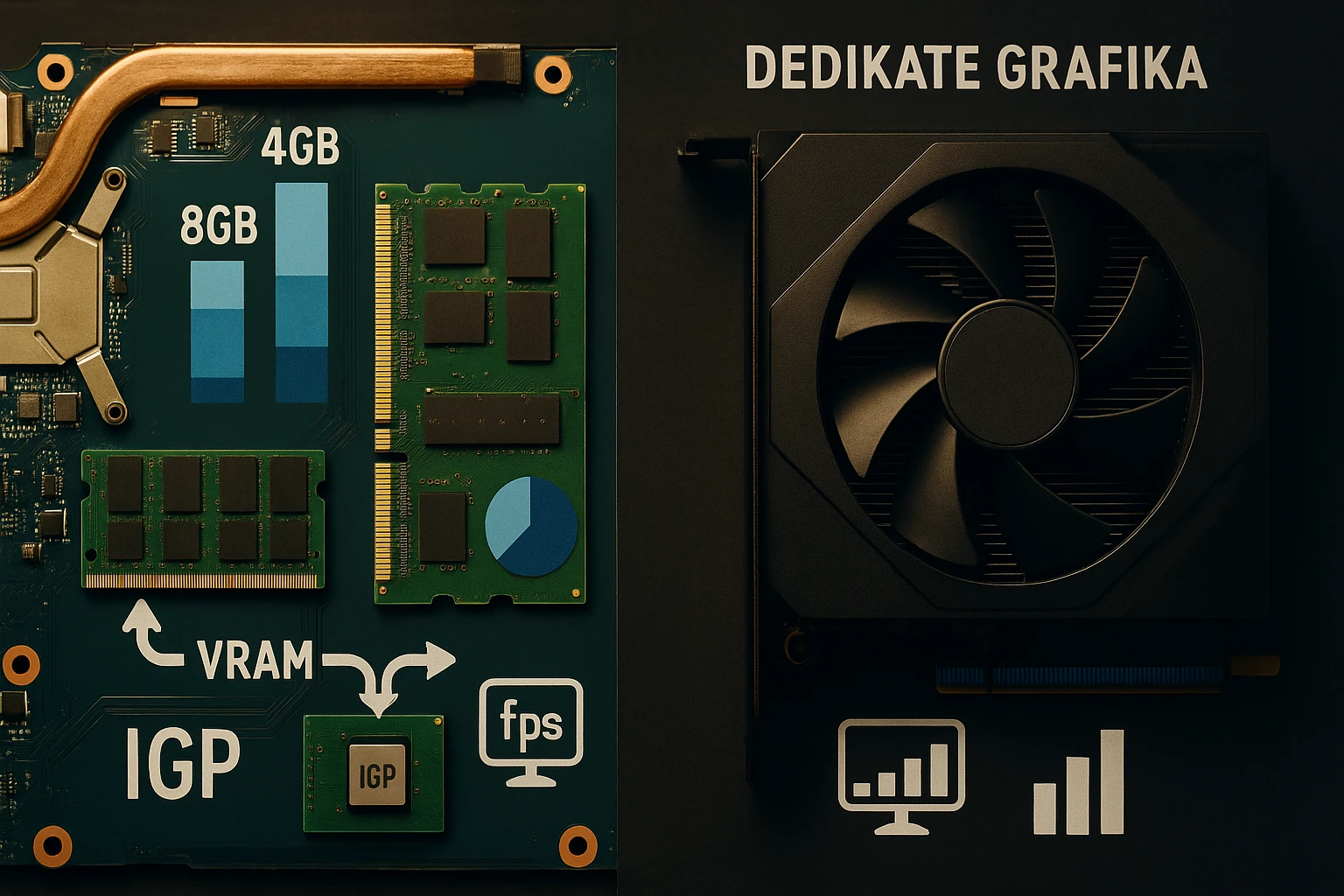 Egy alaplap részletei, rajta memória modulok és dedikált grafikus kártya.