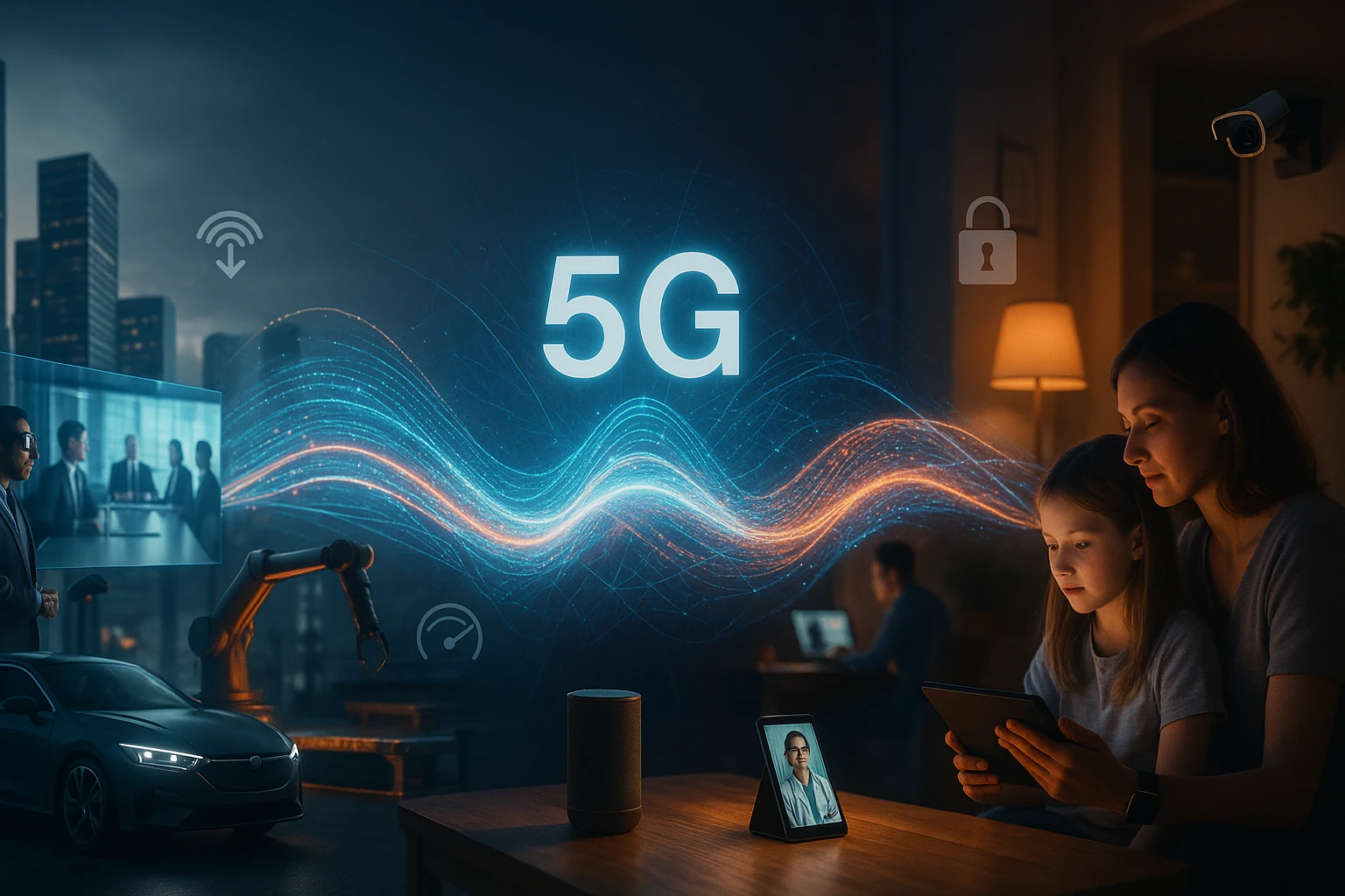 Egy nő és lánya 5G technológiát használva videóhívást folytatnak otthon.