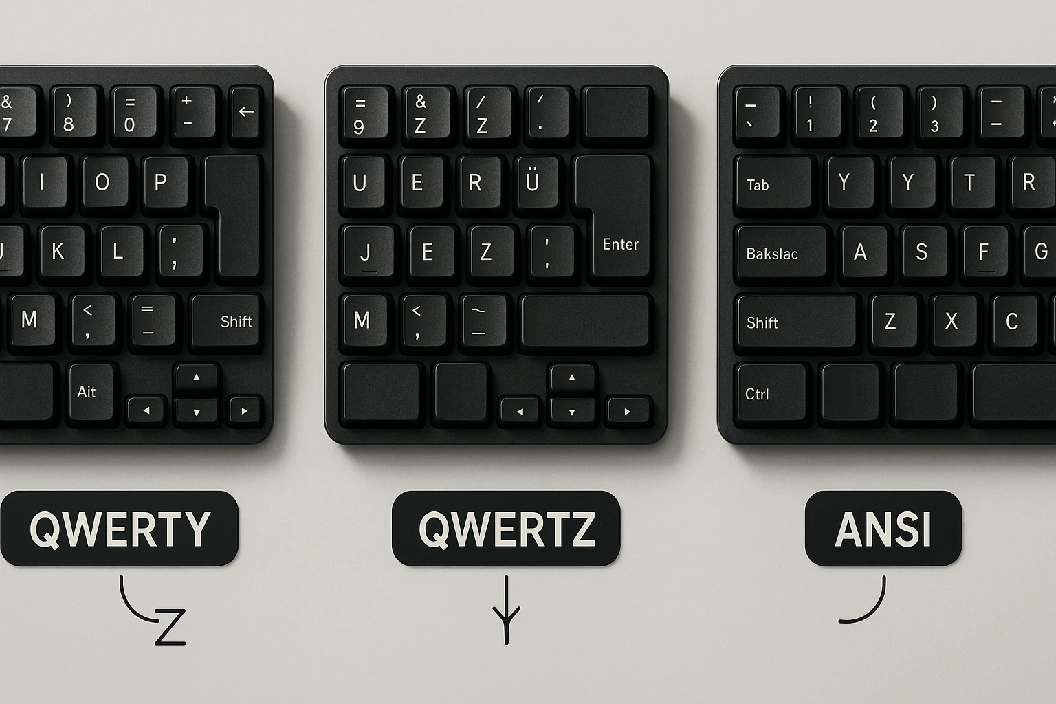Három különböző billentyűzet elrendezés: QWERTY, QWERTZ és ANSI, fekete háttérrel.