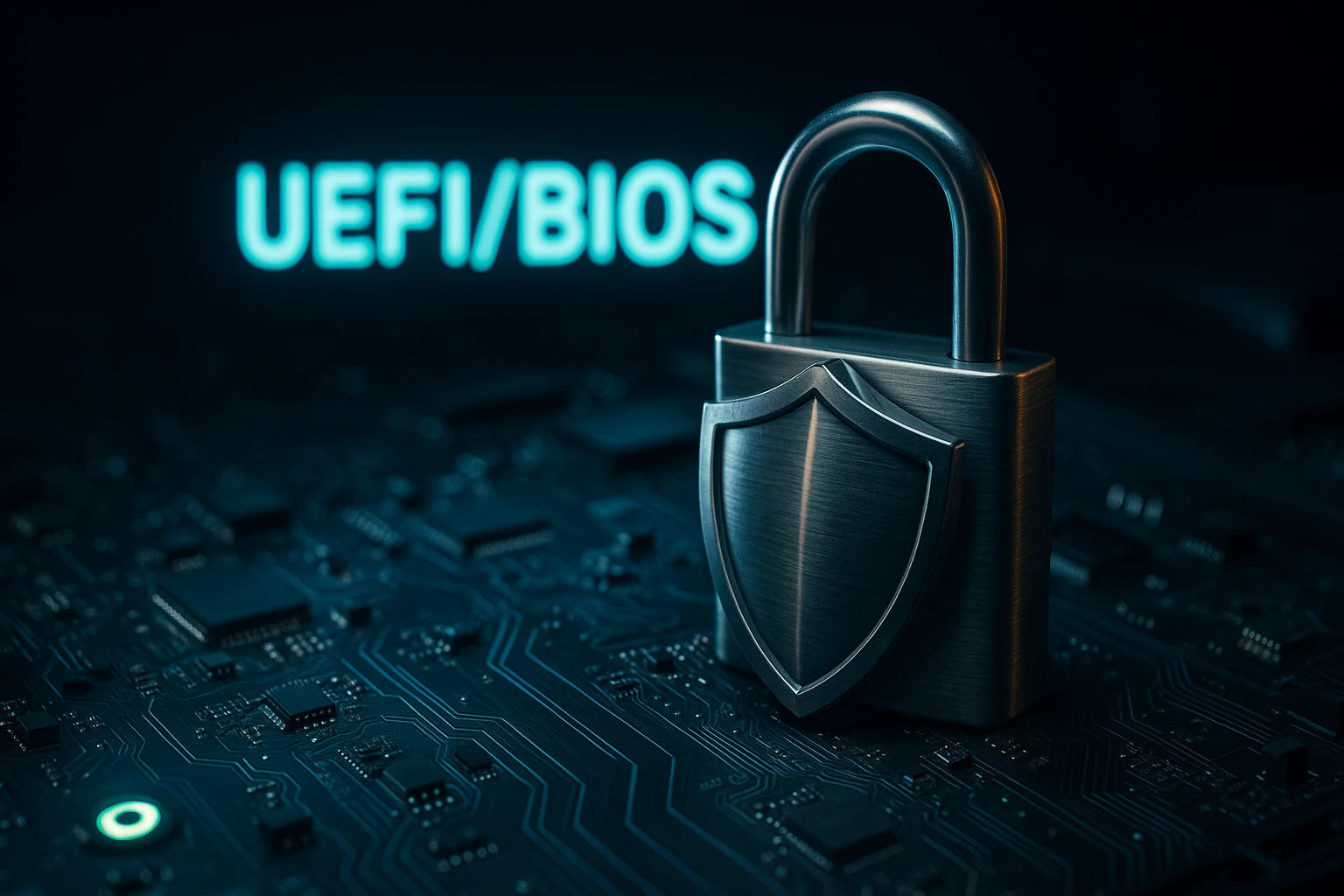 Egy zár és pajzs szimbólum látható egy áramkör háttér előtt, UEFI/Bios felirattal.