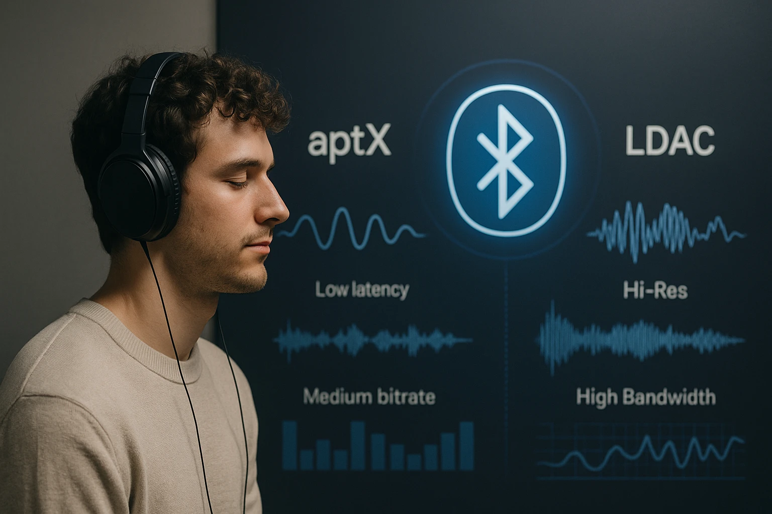 Fiatal férfi fejhallgatót visel, háttérben Bluetooth technológiai grafika.