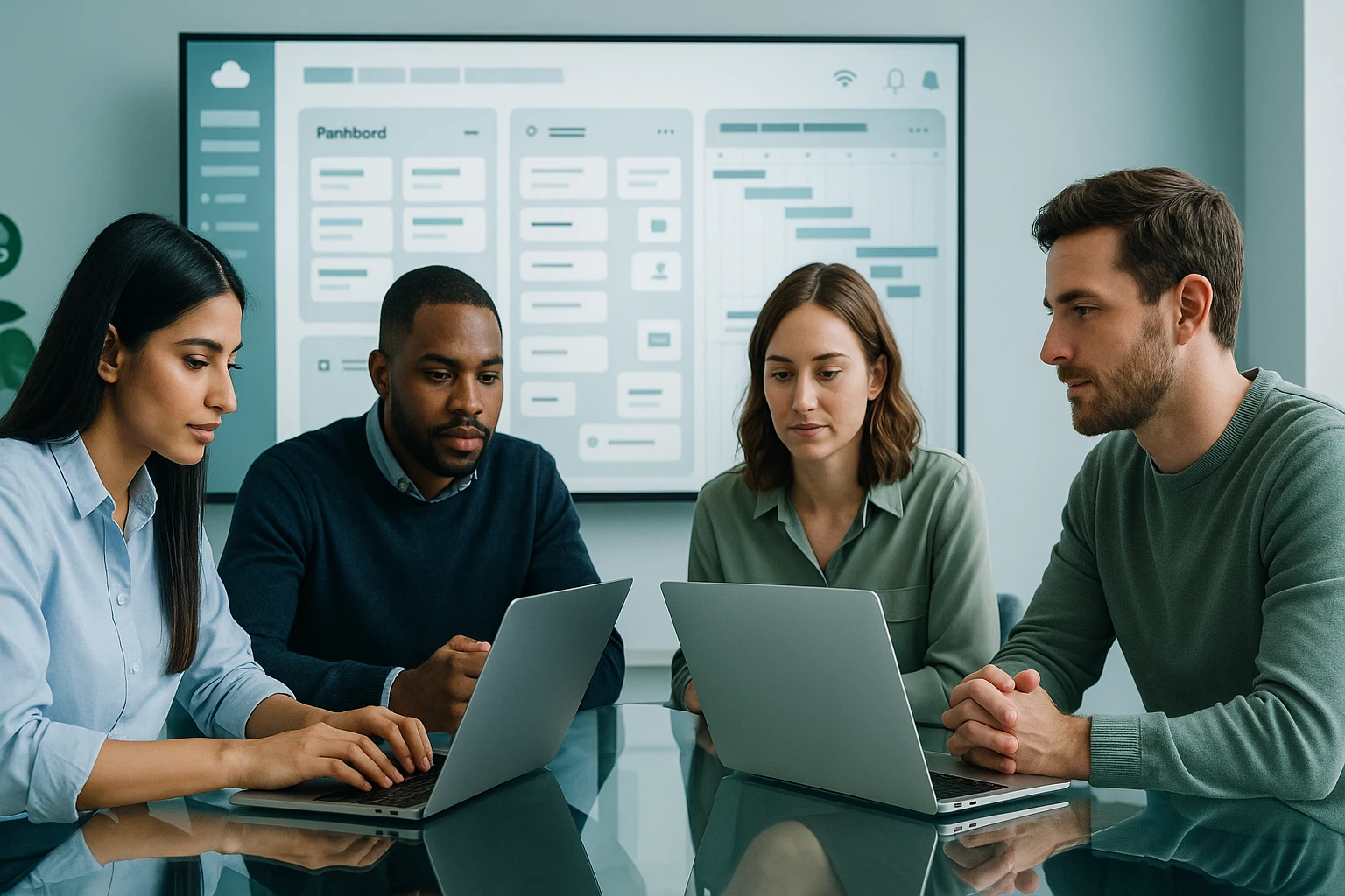 Négy ember egy modern irodában laptopokkal dolgozik, háttérben digitális dashboard.