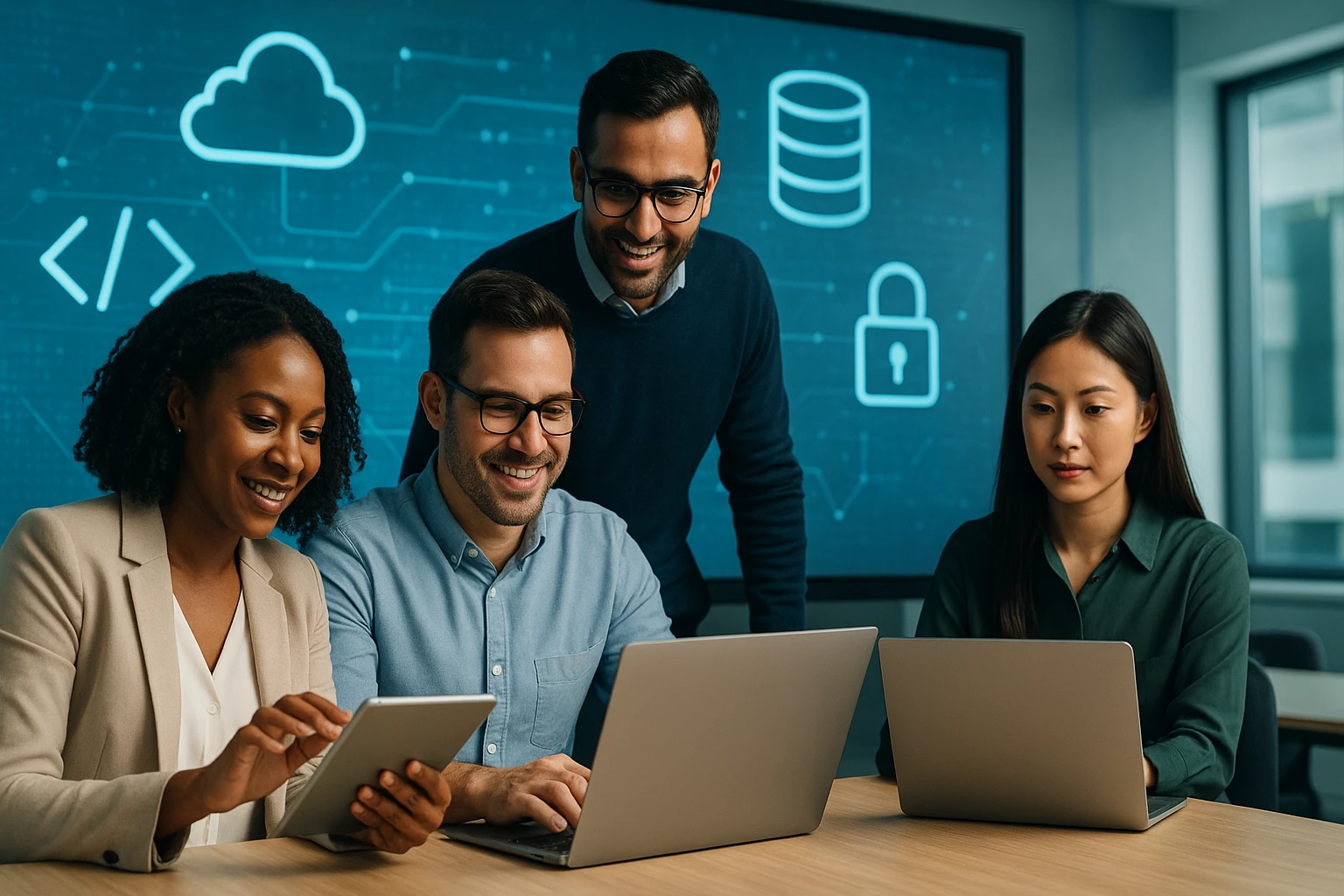 Négy fiatal szakember dolgozik laptopokon és táblagépen egy modern irodában.