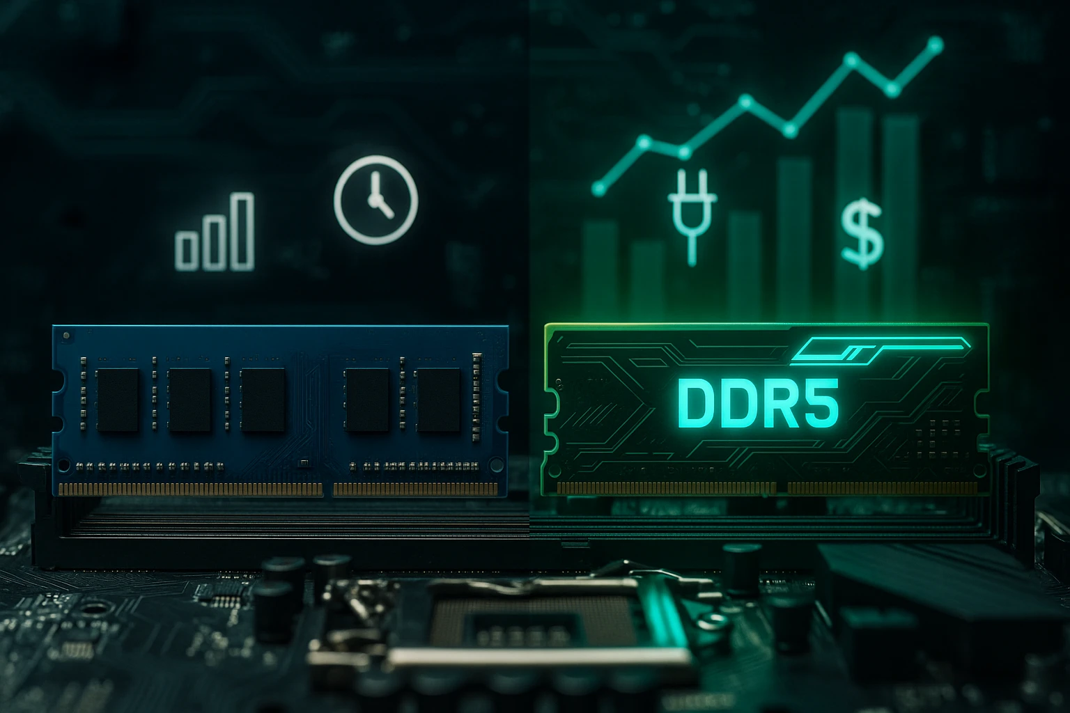 Két RAM modul, az egyik DDR4, a másik DDR5, háttérben grafikonok és ikonok.