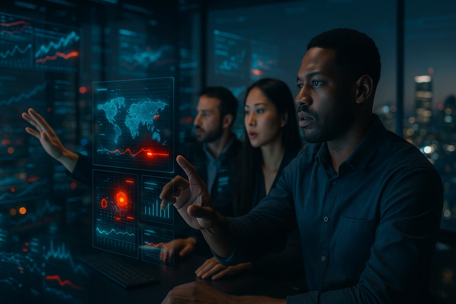 Három ember egy futurisztikus, digitális kijelző előtt, adatokat elemeznek.
