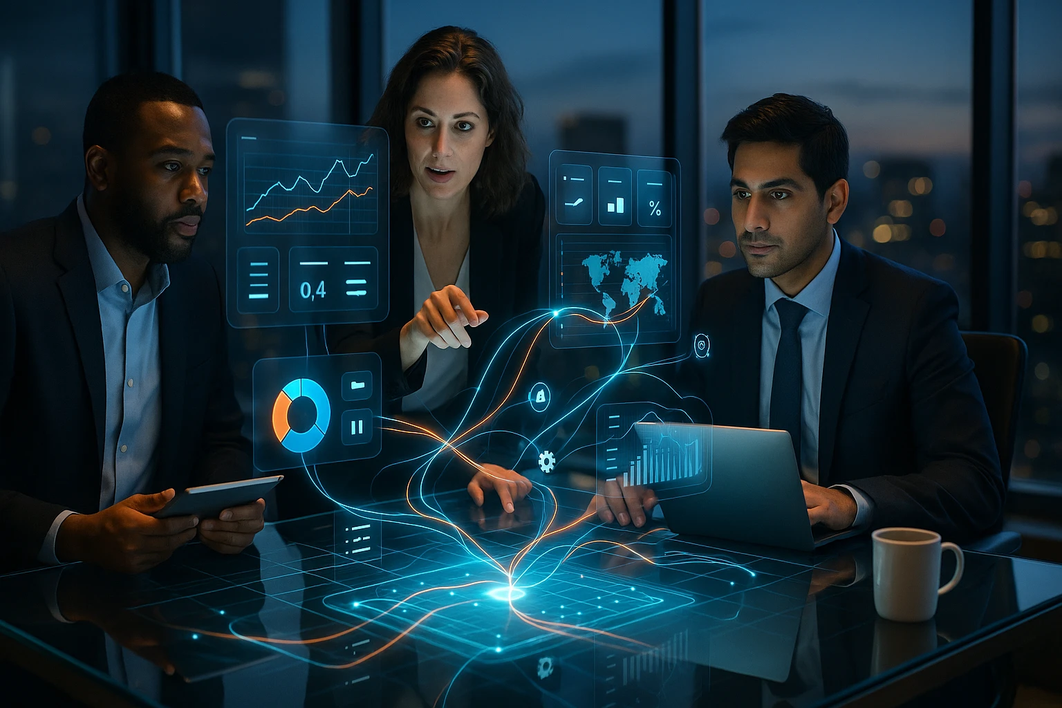 Három üzletember egy modern irodában digitális adatokat elemez, holografikus grafikonokkal.