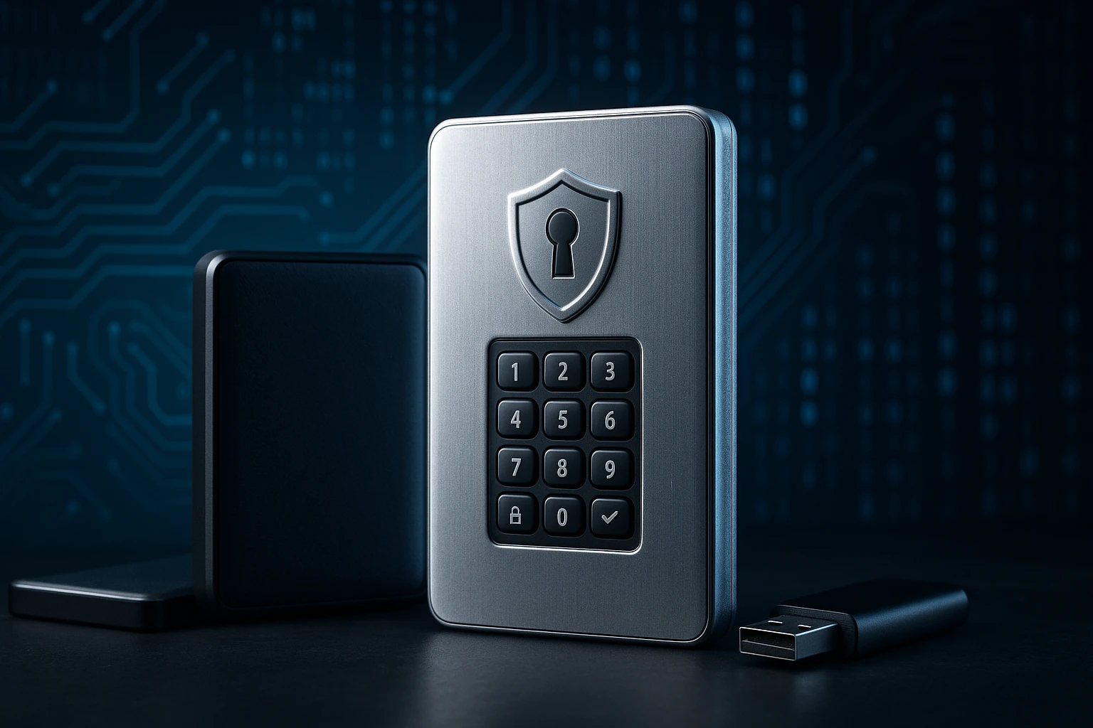 Egy digitális jelszózáras adattároló eszköz, háttérben áramkör mintázattal.