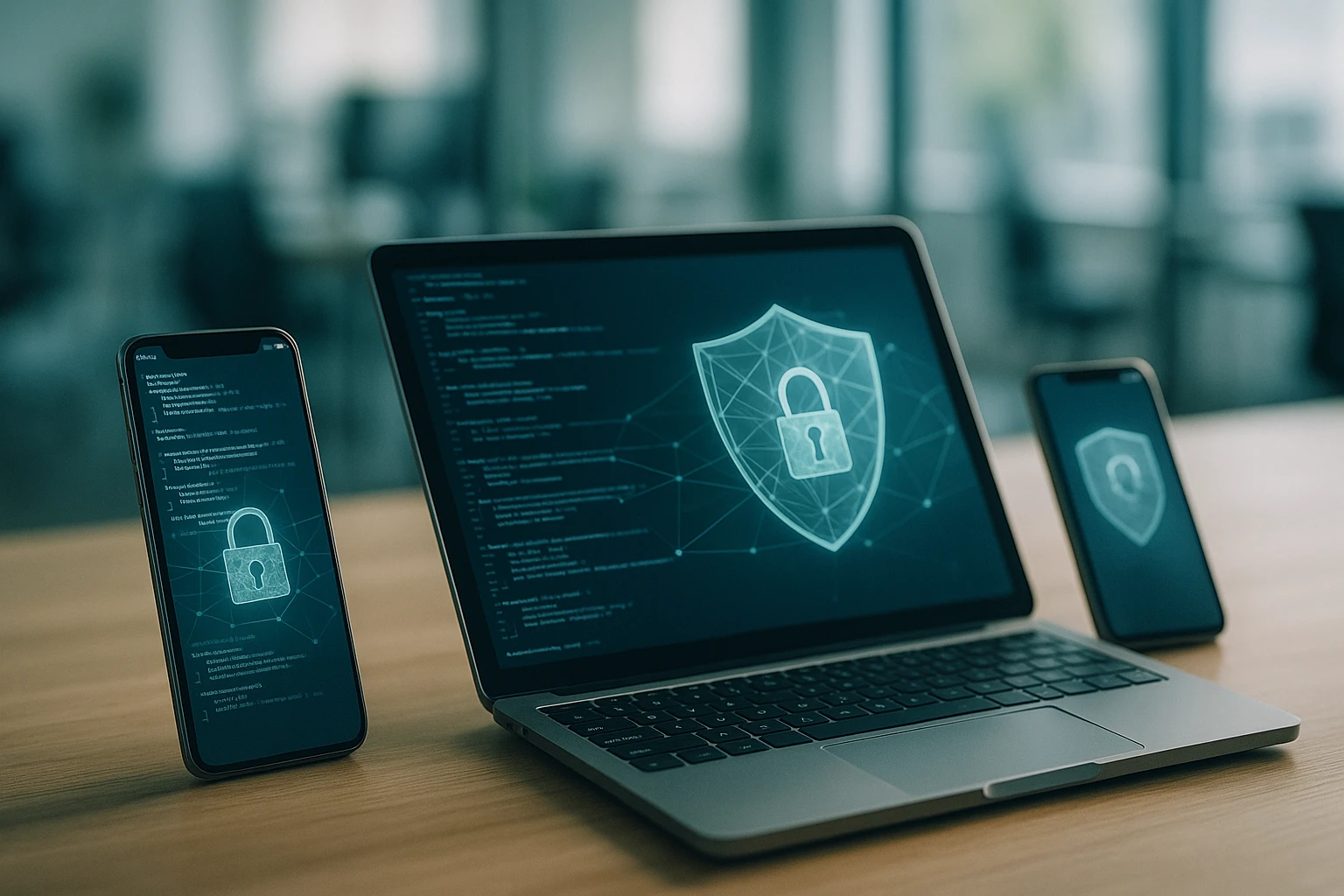 Két okostelefon és egy laptop, mindegyiken biztonsági zár ikon látható.