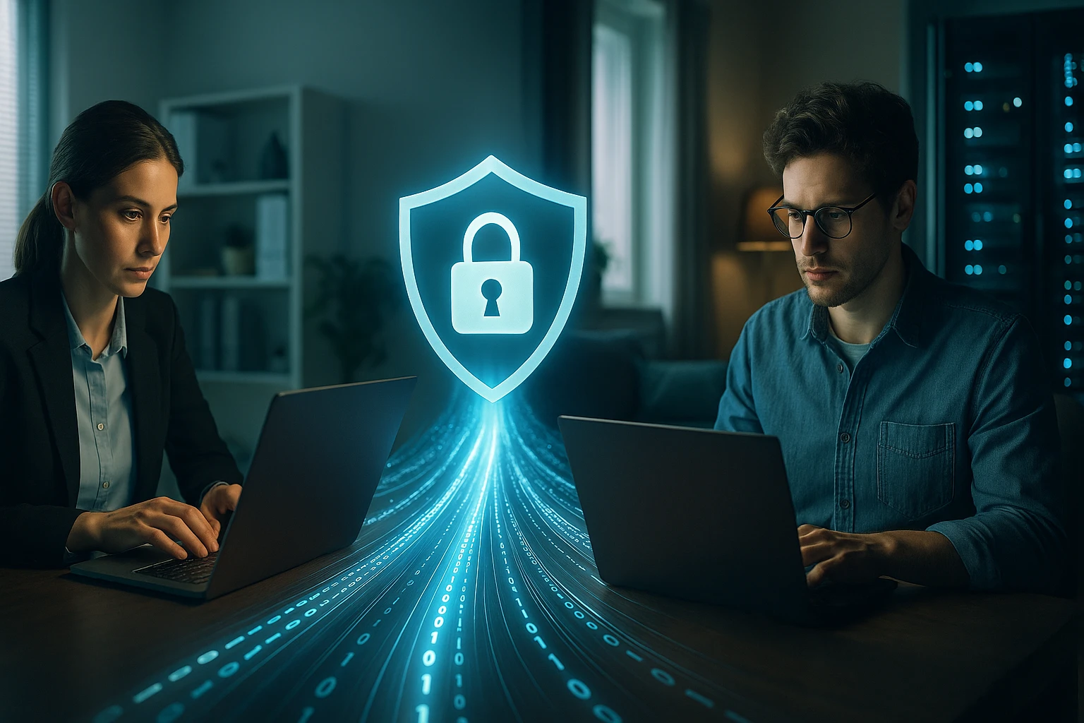 Két ember laptop előtt ül, digitális biztonságot szimbolizáló ikon látható.
