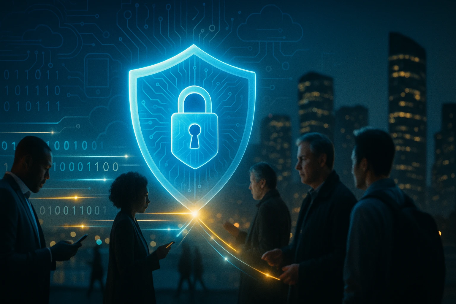Két ember okostelefont használ, háttérben digitális biztonsági szimbólumokkal.