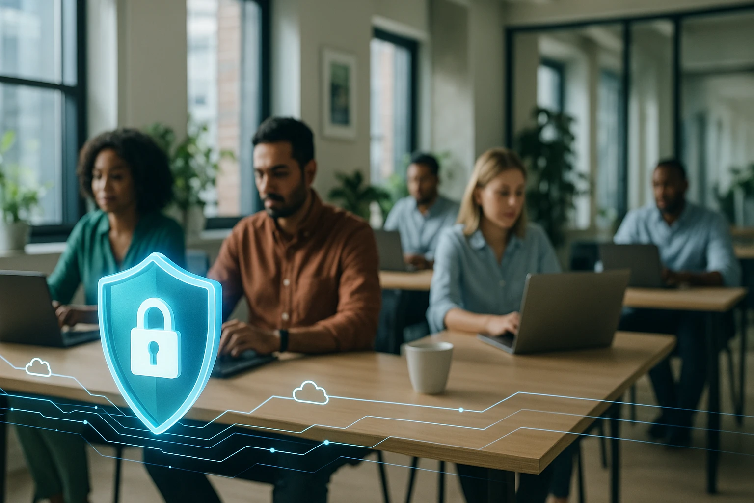 Egy modern irodában dolgozó emberek, digitális biztonság szimbólummal.