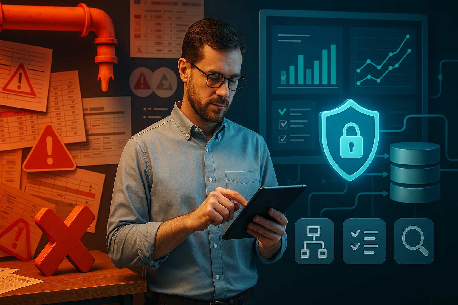 Egy férfi táblagépet használ, háttérben grafikonok és figyelmeztető táblák.