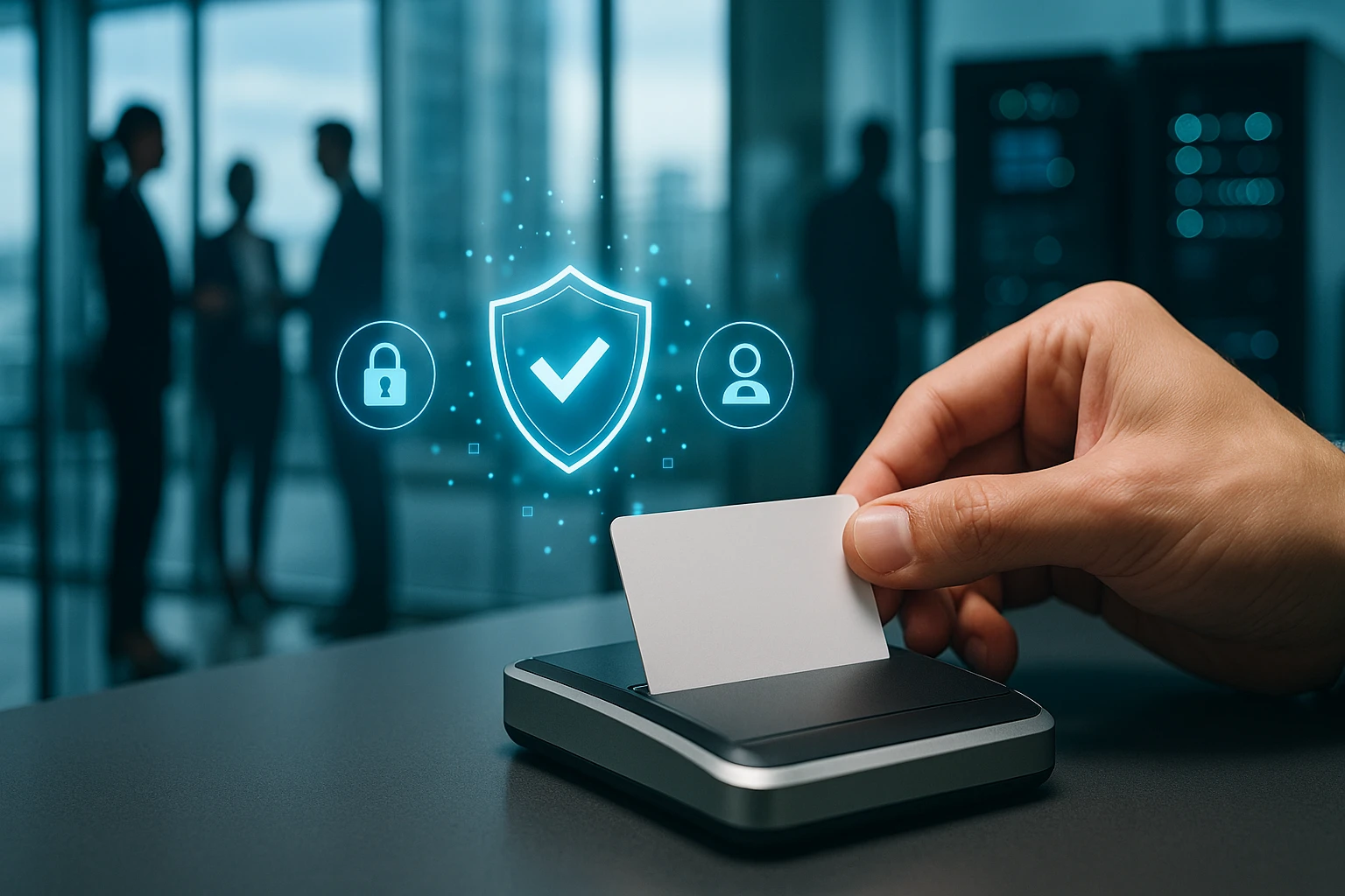 Egy kéz egy kártyát helyez el egy biztonsági terminálon, háttérben emberek.