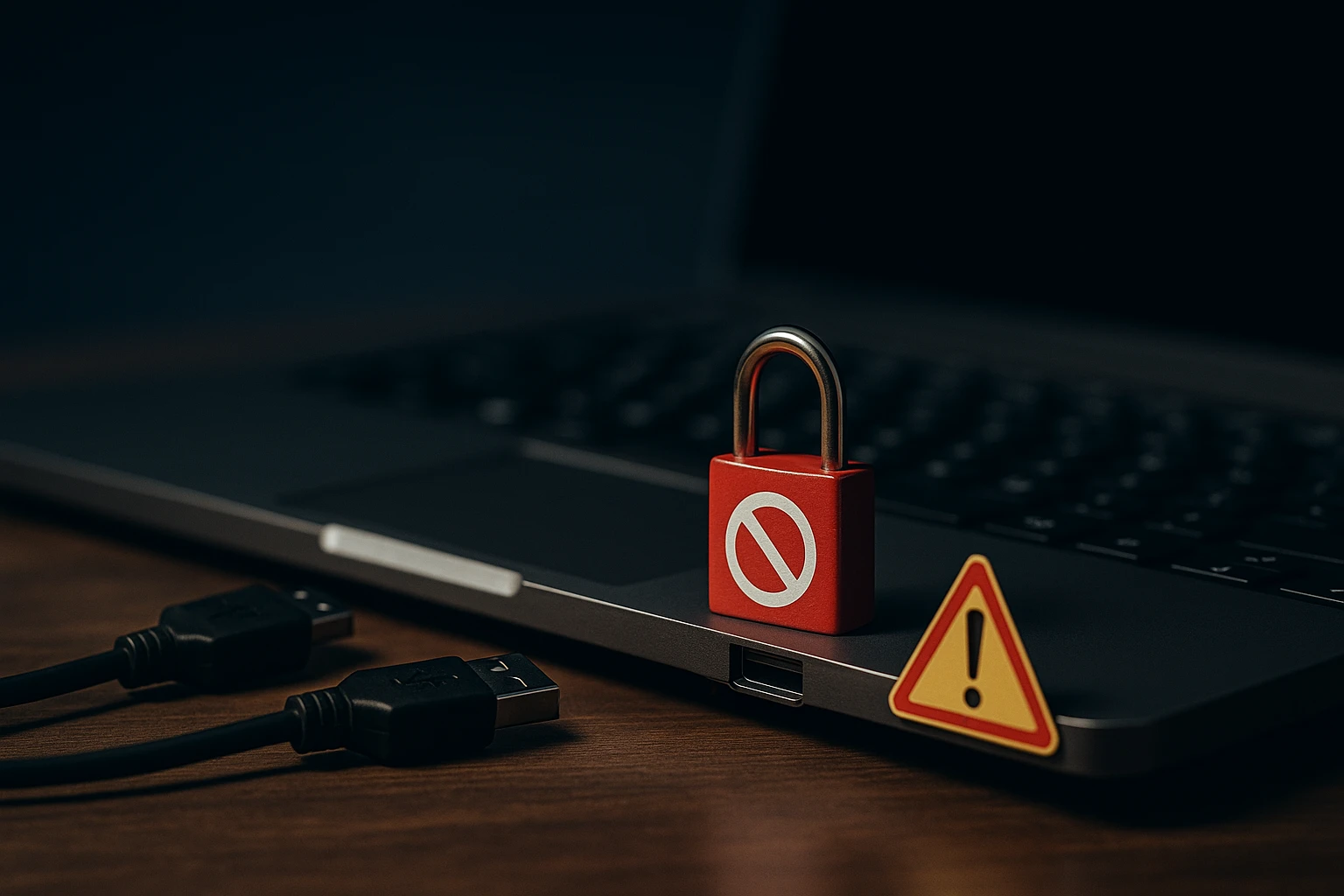 Egy laptopon piros lakat és figyelmeztető jelzés található, USB kábelek mellett.