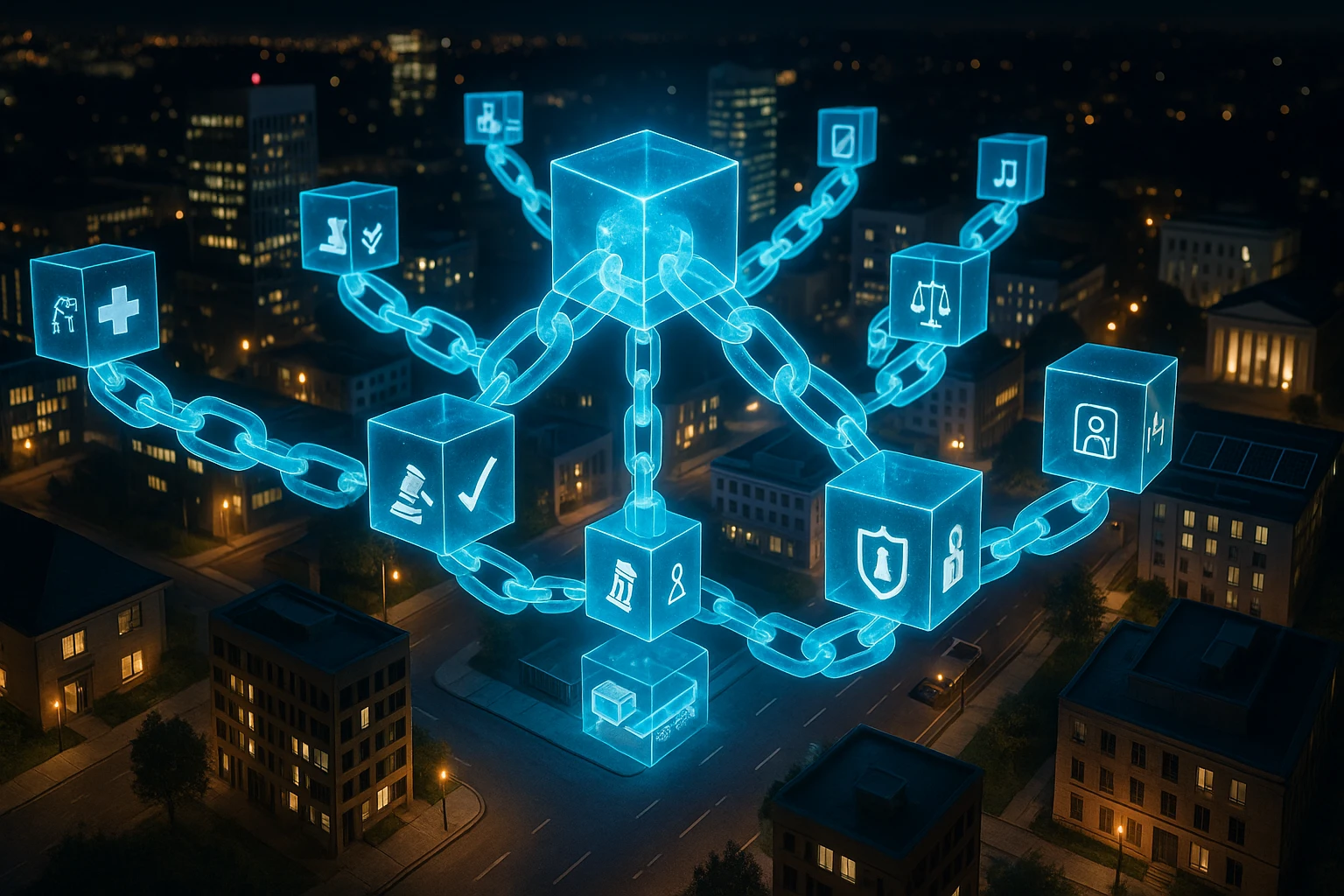 Kék fényű blokkok lánca, különböző ikonokkal, városi háttér előtt.