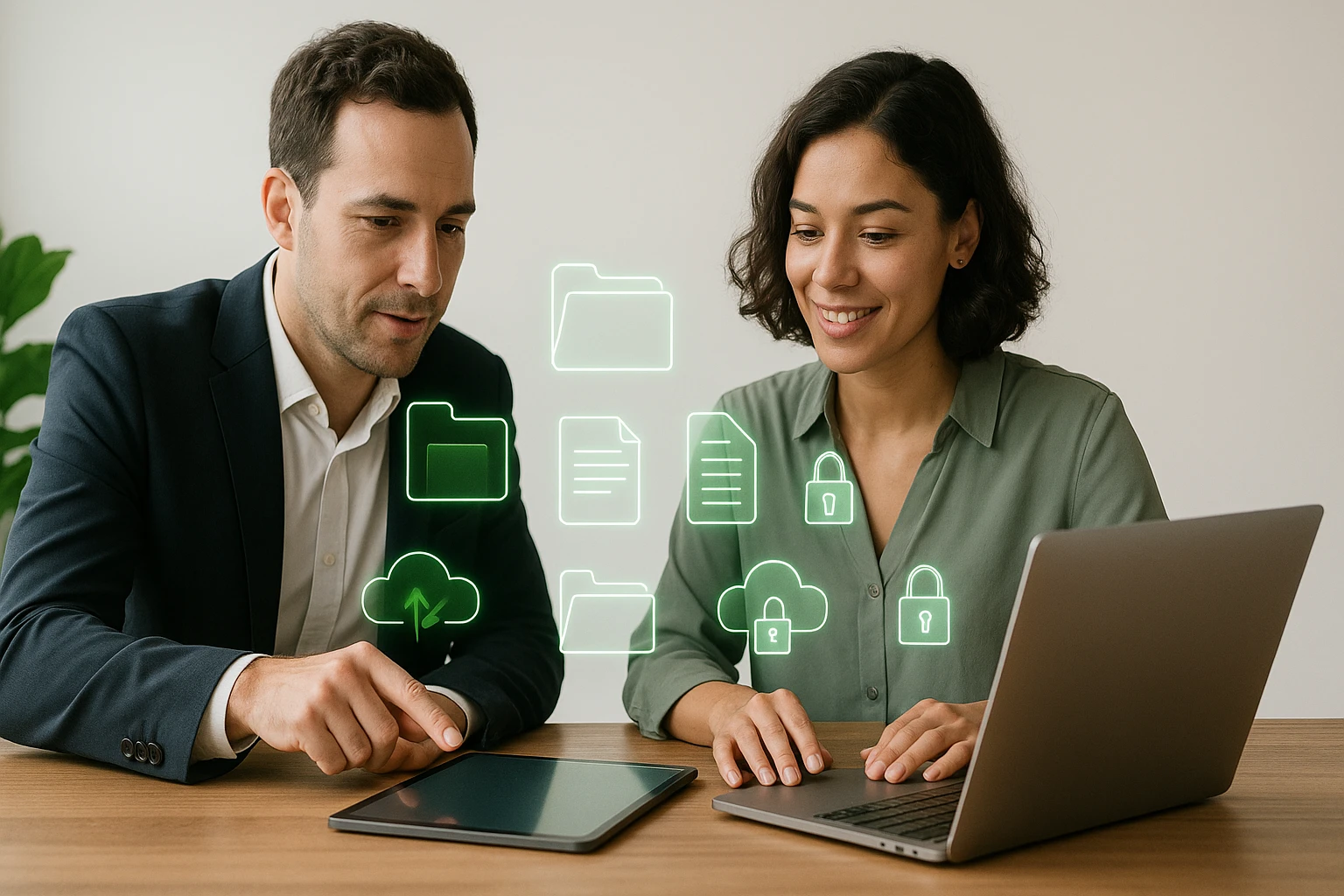 Két ember, egy férfi és egy nő, digitális eszközökkel dolgozik egy asztalnál.