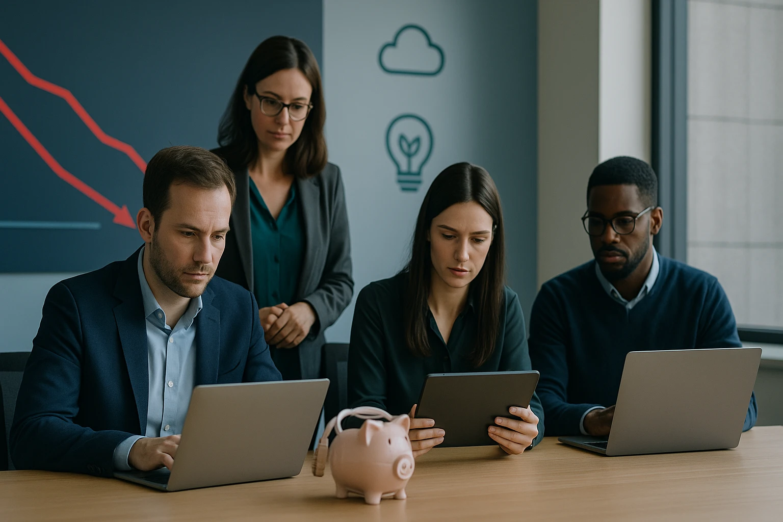 Négy ember ül egy tárgyalóasztalnál, laptopokkal és táblagépekkel dolgoznak.