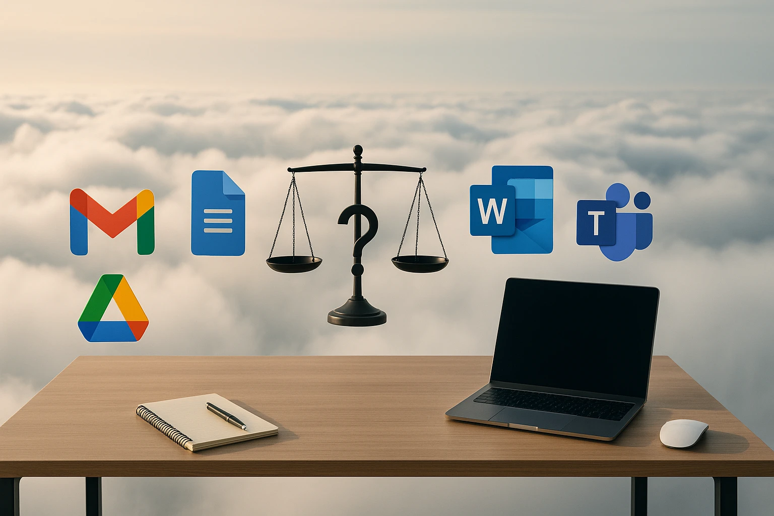 Egy íróasztal, rajta laptop és jegyzetfüzet, háttérben felhők és különböző alkalmazások logói.