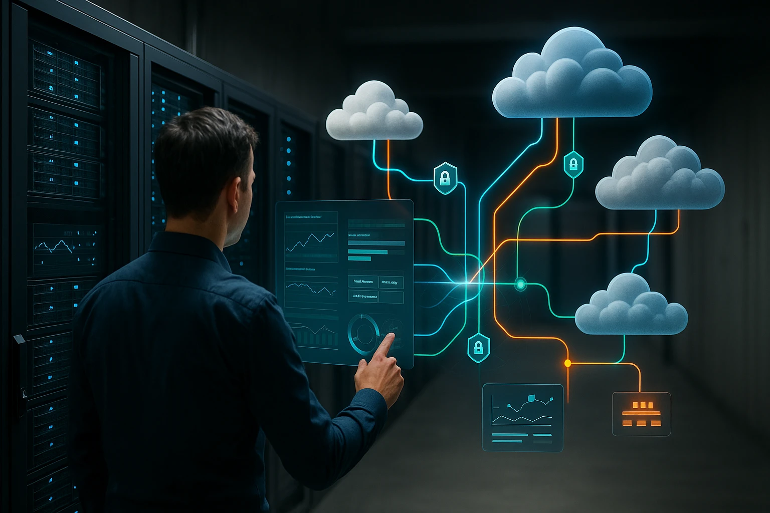 Egy férfi interaktívan kezel egy digitális felületet, amely felhőalapú adatkapcsolatokat mutat.
