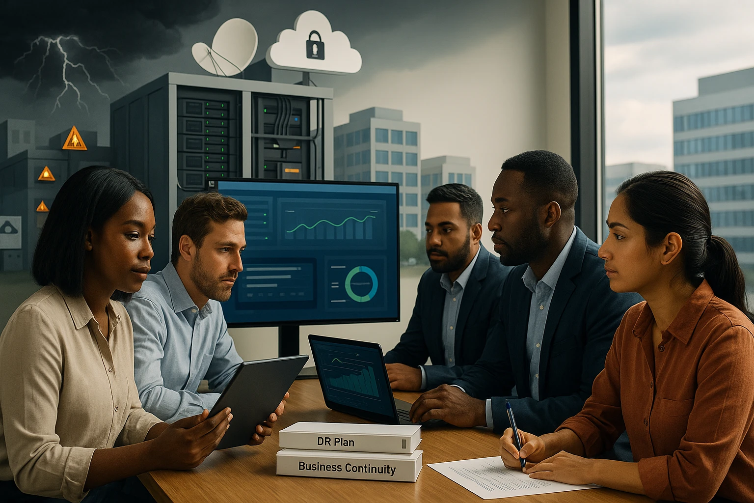 Öt szakember ül egy tárgyalóasztalnál, digitális eszközöket használva.