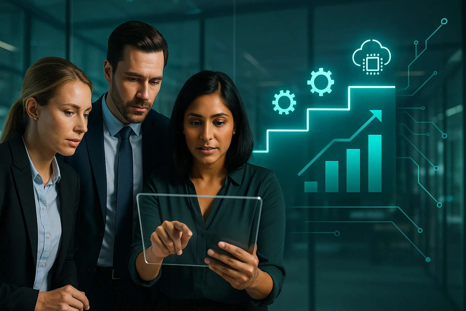 Három üzletember egy táblagépet néz, miközben digitális grafikonok és ikonok láthatók a háttérben.