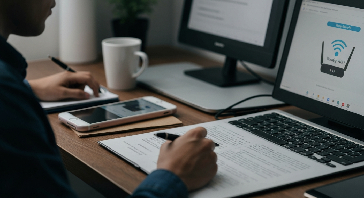 Egy személy jegyzetel a laptop előtt, miközben okostelefonján is dolgozik.