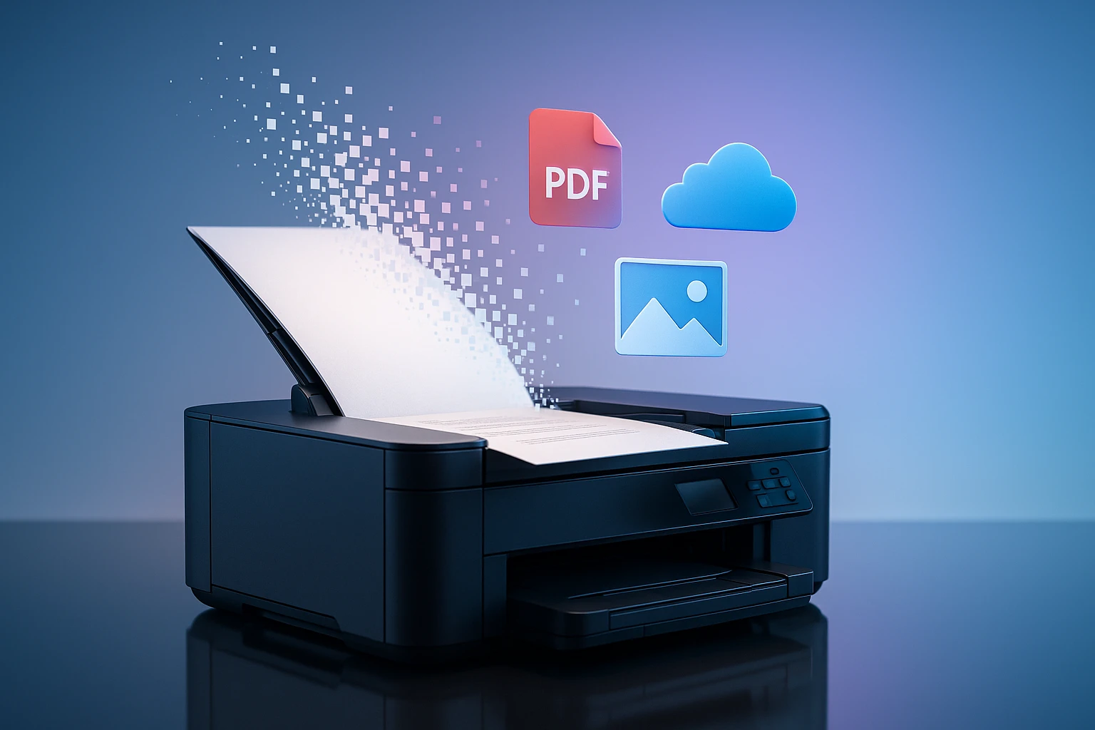 Egy nyomtató, amelyből digitális fájlok, például PDF és képek áramlanak ki.