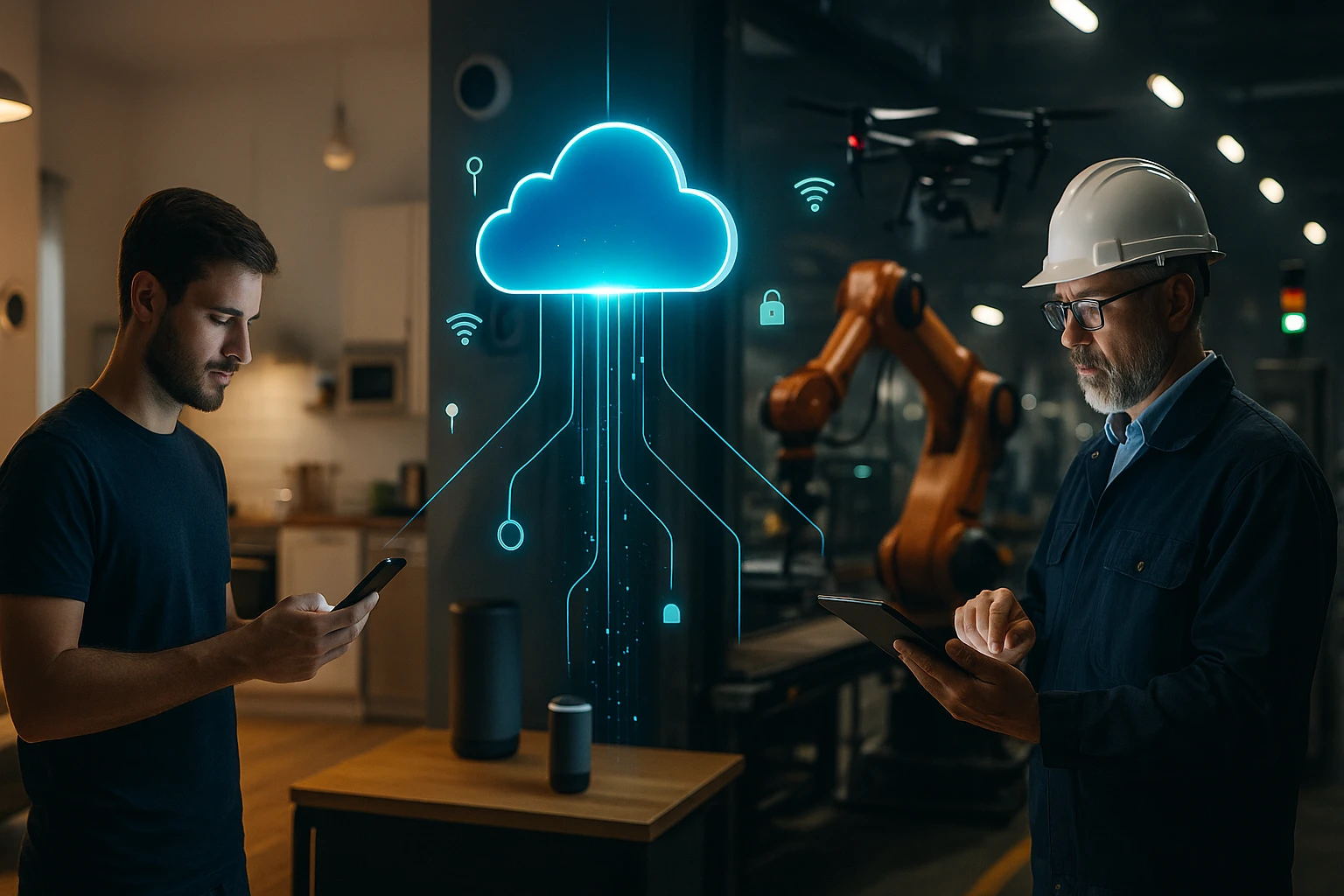 Egy fiatal férfi okostelefont használ, míg egy idősebb férfi táblagépet néz, háttérben drón és robotkar.