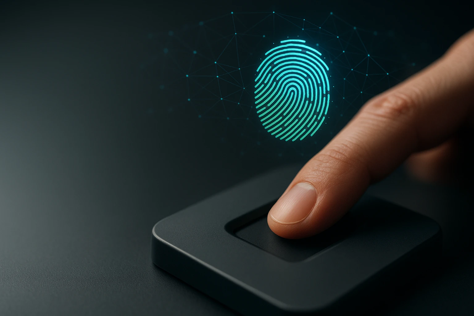 Egy kéz ujjlenyomatot olvasó érzékelőn pihen, digitális ujjlenyomat megjelenítve.
