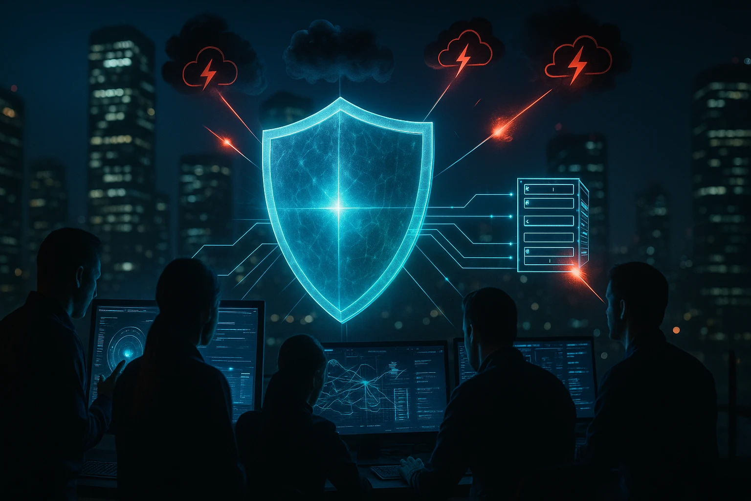 Három szakember figyeli a monitorokat, miközben egy digitális pajzs jelenik meg.