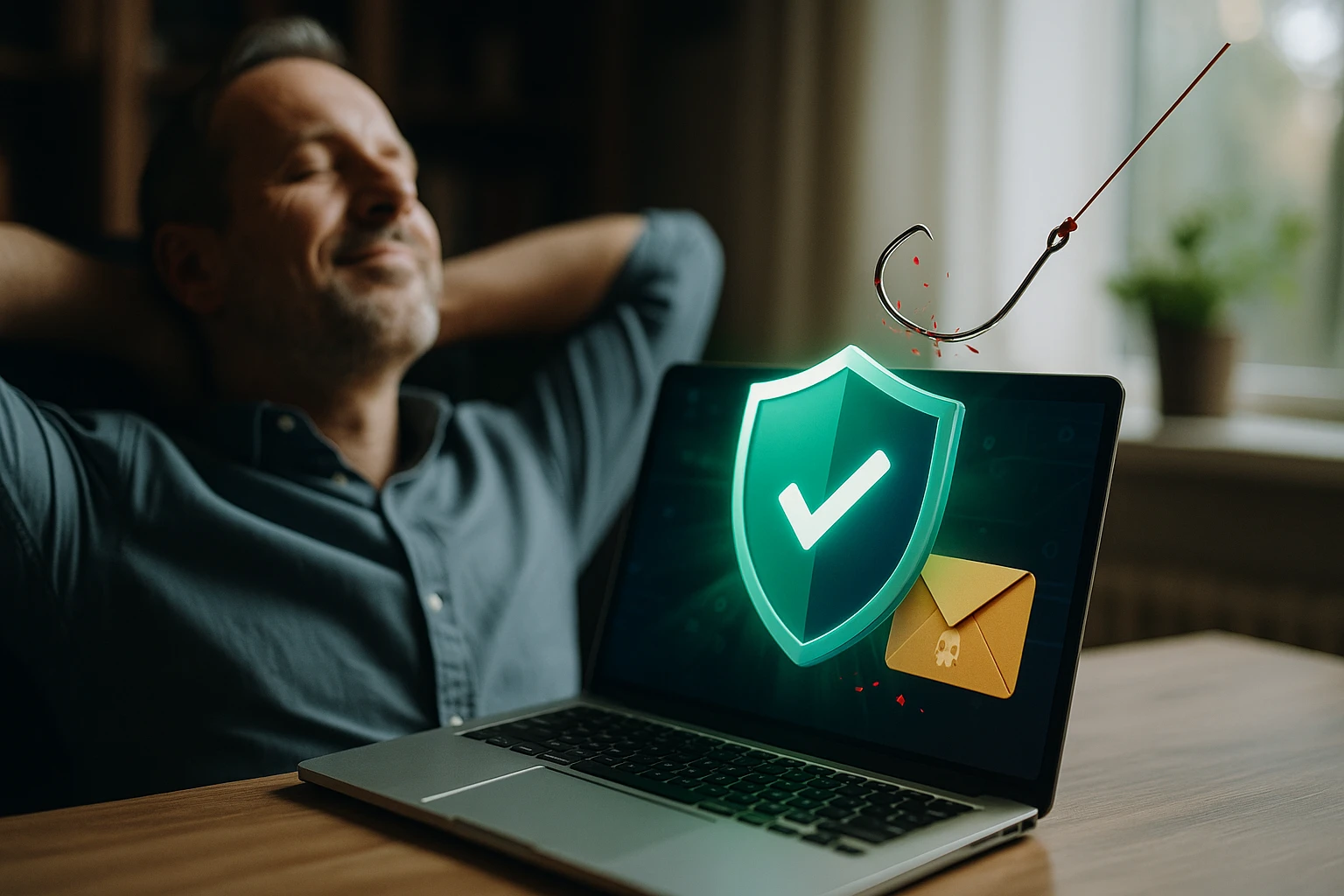 Egy férfi nyugodtan ül a laptopja előtt, amelyen a biztonság szimbóluma látható.