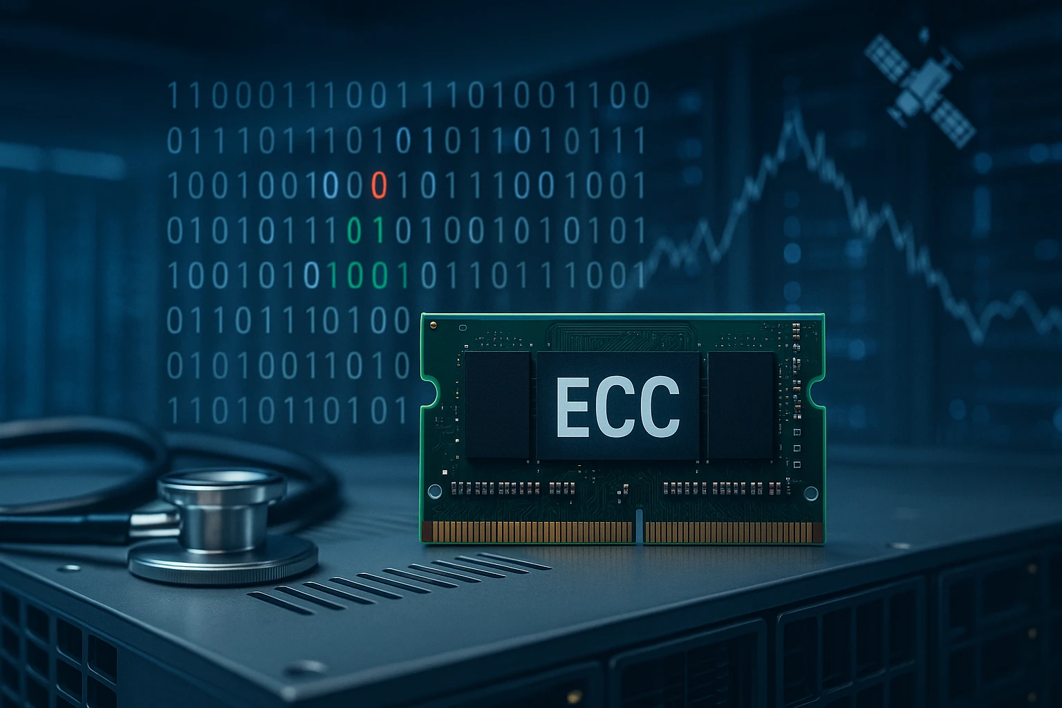 ECC memória modul egy számítógép asztalon, háttérben bináris kódokkal.