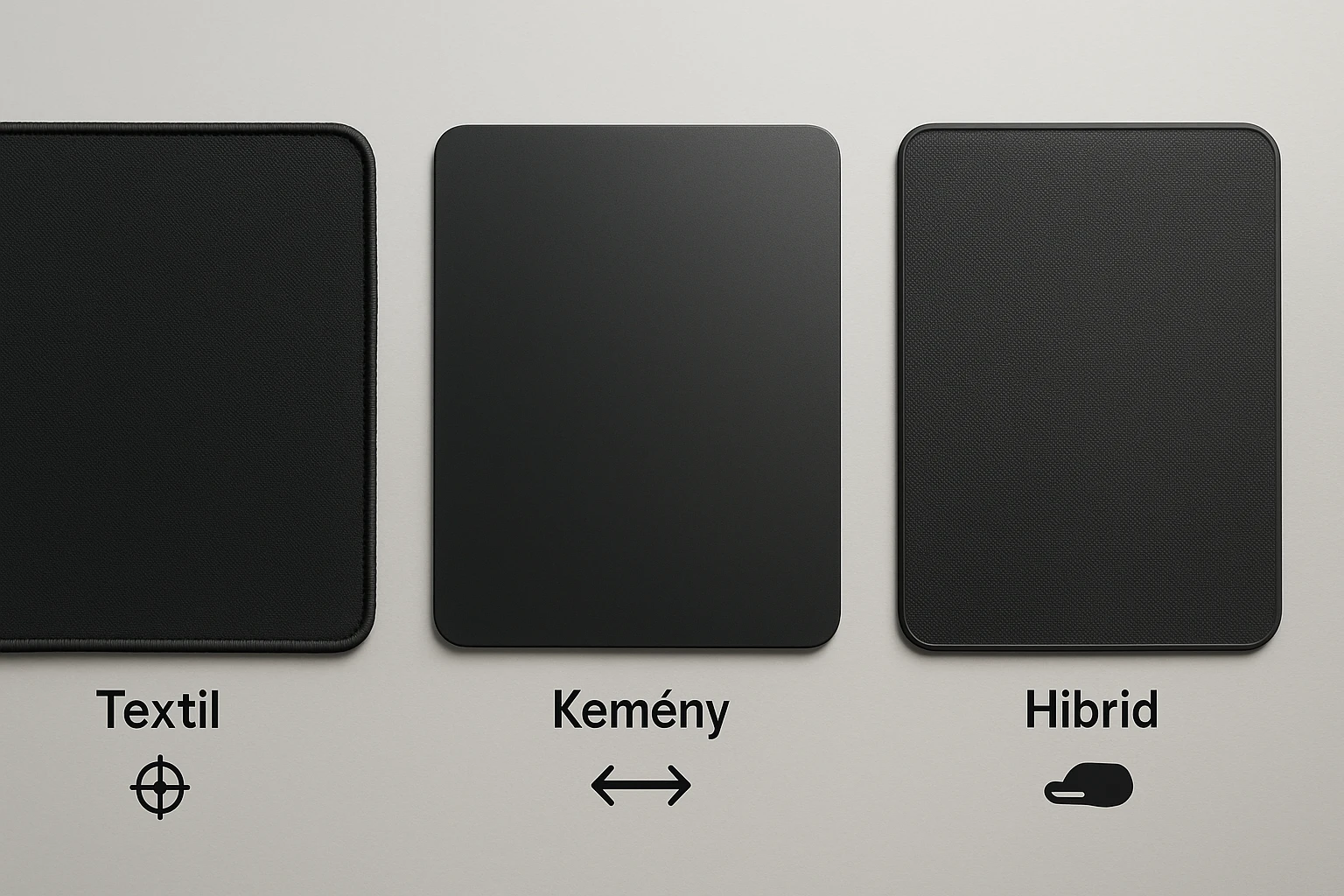 Három különböző egérpad: textil, kemény és hibrid, fekete színben.