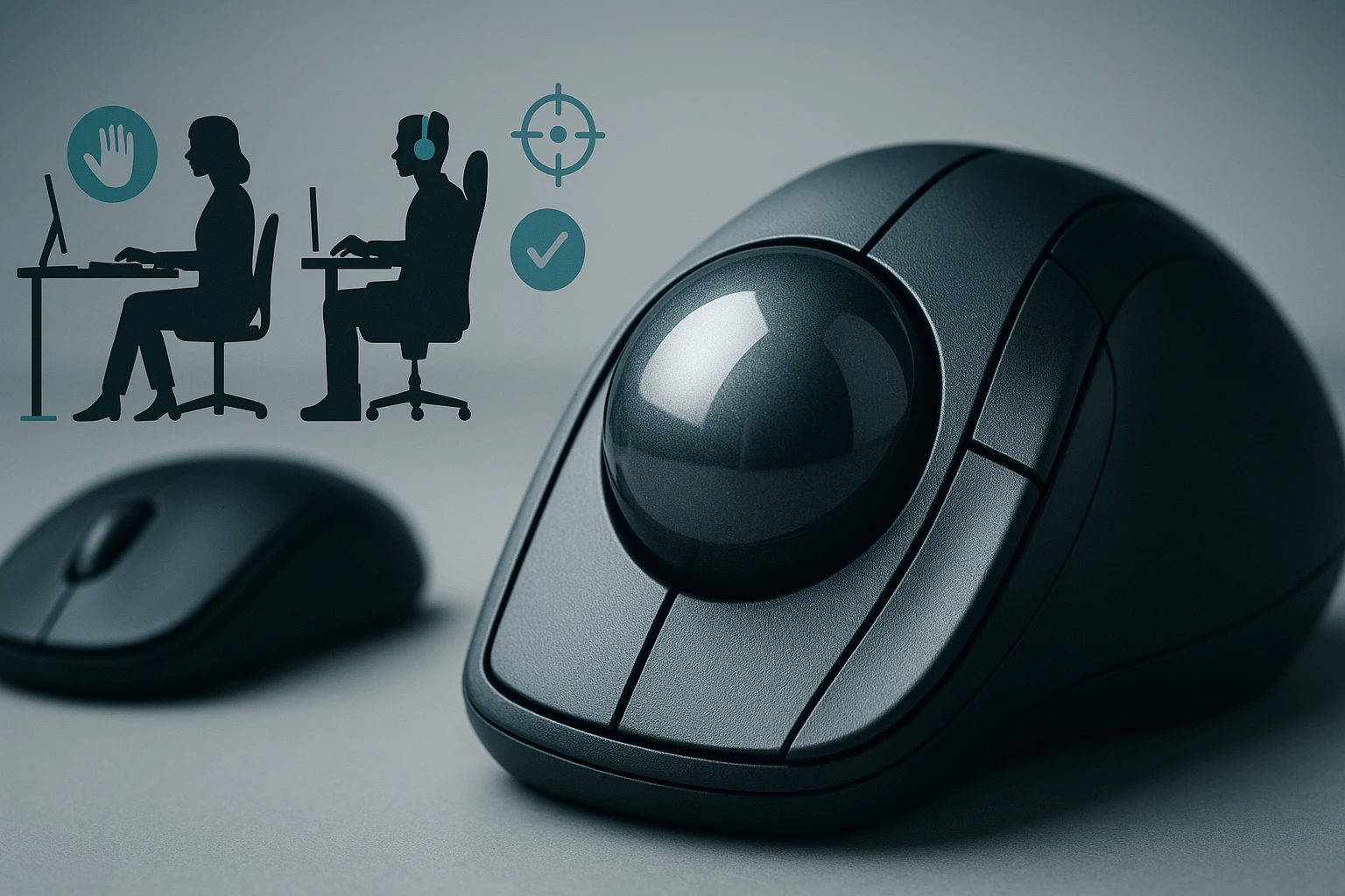 Egy modern, ergonomikus görgőegér és két felhasználó sziluettje számítógép előtt.